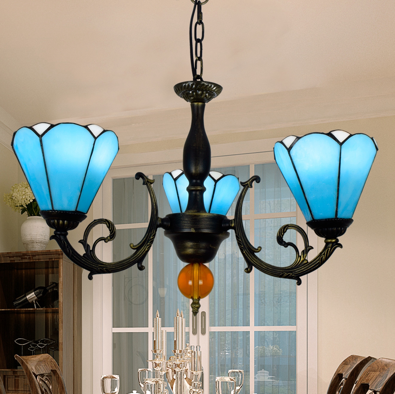 Blivuself Tiffany Chandelier Victorian Style 6 Inches Blue Six Handmade Stained Glass Lamp Shade, Three Chandelier, Suitable For Bedroom Living Room Study, Indoor Lighting Traditional Medieval Style Home Decoration, 3 Head Blue Chandelier OFD2019