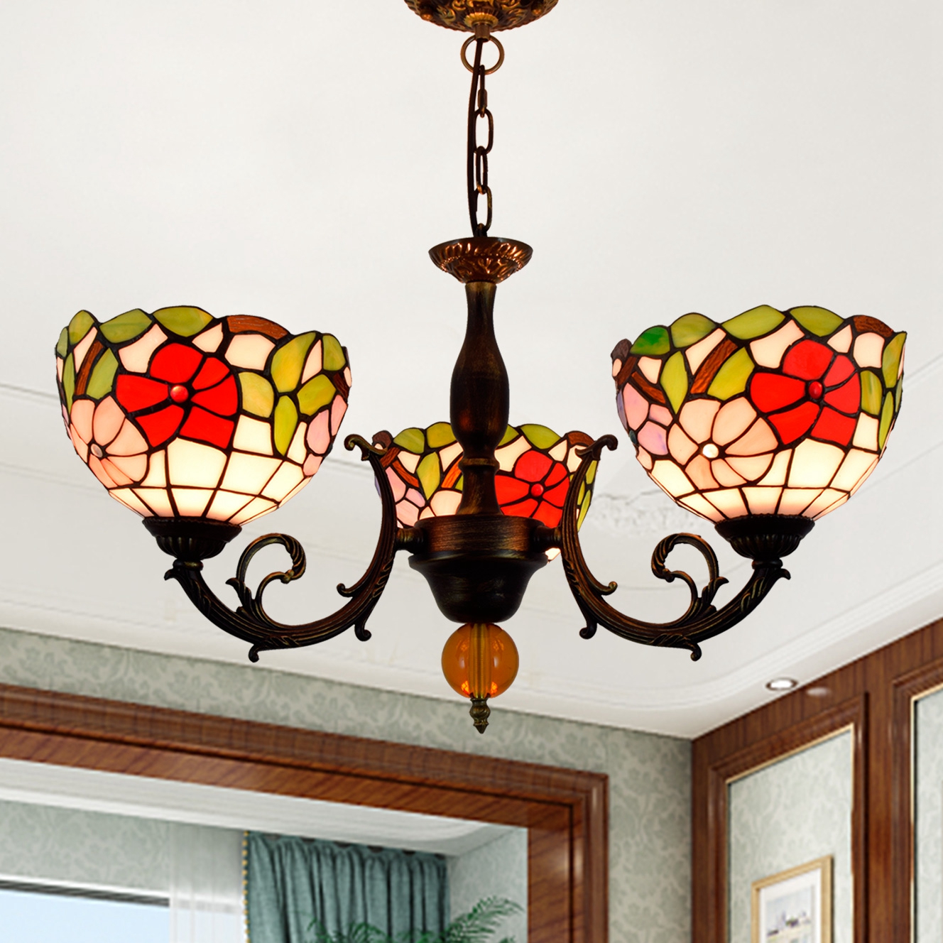 Blivuself Tiffany Chandelier Vintage Country Style 8-Inch Pink Purplish Red Tricolor Flower Morning Glory Hand-Made Stained Glass Lampshade, Three-Head Chandelier, Suitable For Bedroom Living Room Study, Indoor Lighting Retro Palace Style Home Decoration, 3 Head Morning Glory Chandelier - Tricolor Flower OFD2033