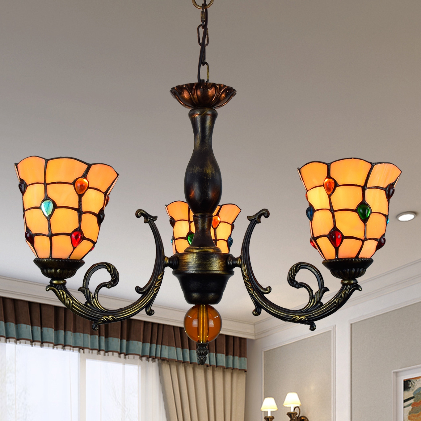 Blivuself Tiffany Chandelier Bohemian Style 6 Inches Yellow Beads Handmade Stained  Glass Lamp Shade, Three Chandelier, Suitable For Bedroom Living Room Study, Indoor Lighting Retro Palace Style Home Decoration, 3 Head Colorful Bead Chandelier OFD2036
