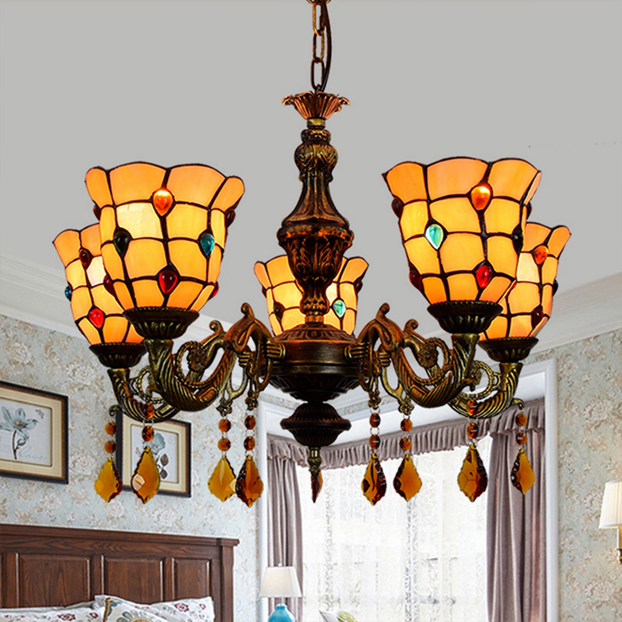 Blivuself Tiffany Chandelier Medieval Style Yellow Colored Beads Handmade Stained Glass Lampshade, Five Chandelier, Interior Lighting Retro Country Style Home Decoration, Suitable For Bedroom Living Room Study, Etc., 5 Colored Bead Chandelier OFD2045