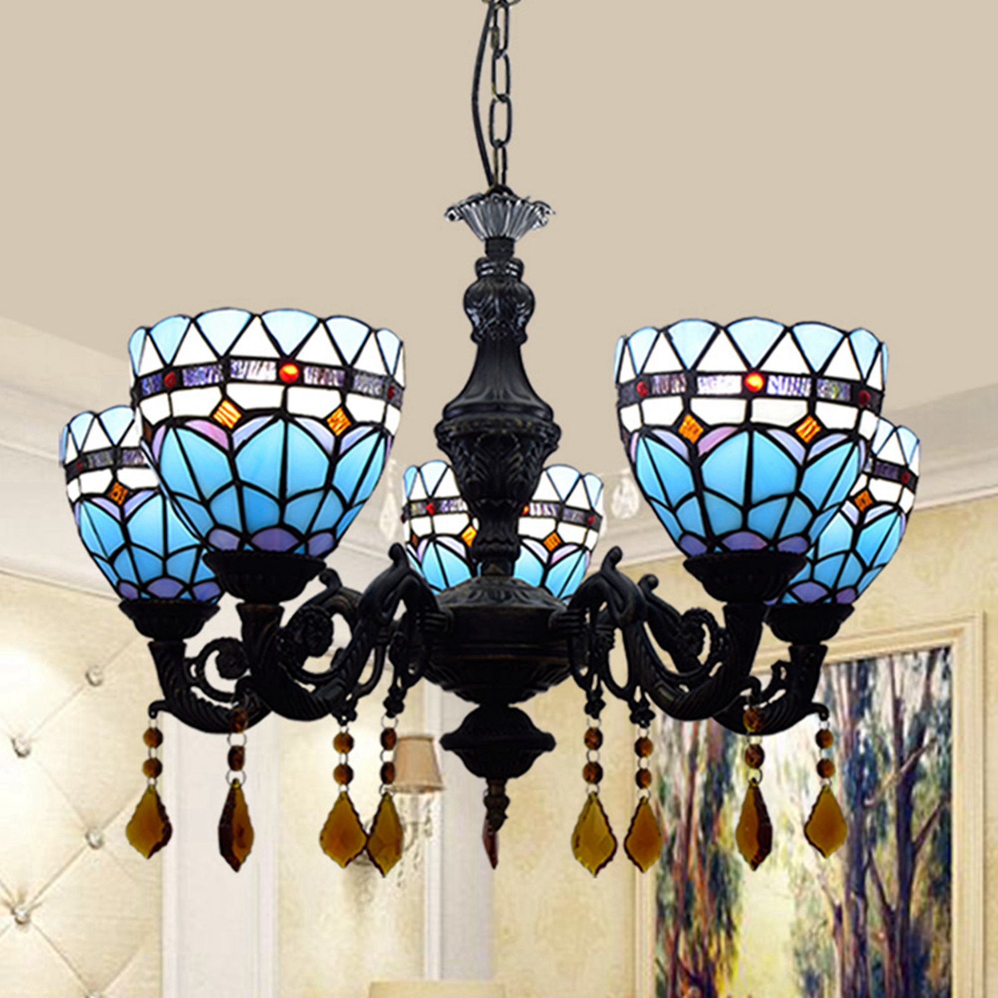 Blivuself Tiffany Chandelier Medieval Style 6 Inch Blue Feather Hand-Made Stained Glass Lampshade, Five Chandelier, Interior Lighting Classical Art Style Home Decoration, Suitable For Bedroom Living Room Study, Etc., 5 Mediterranean Chandelier - Feather OFD2046