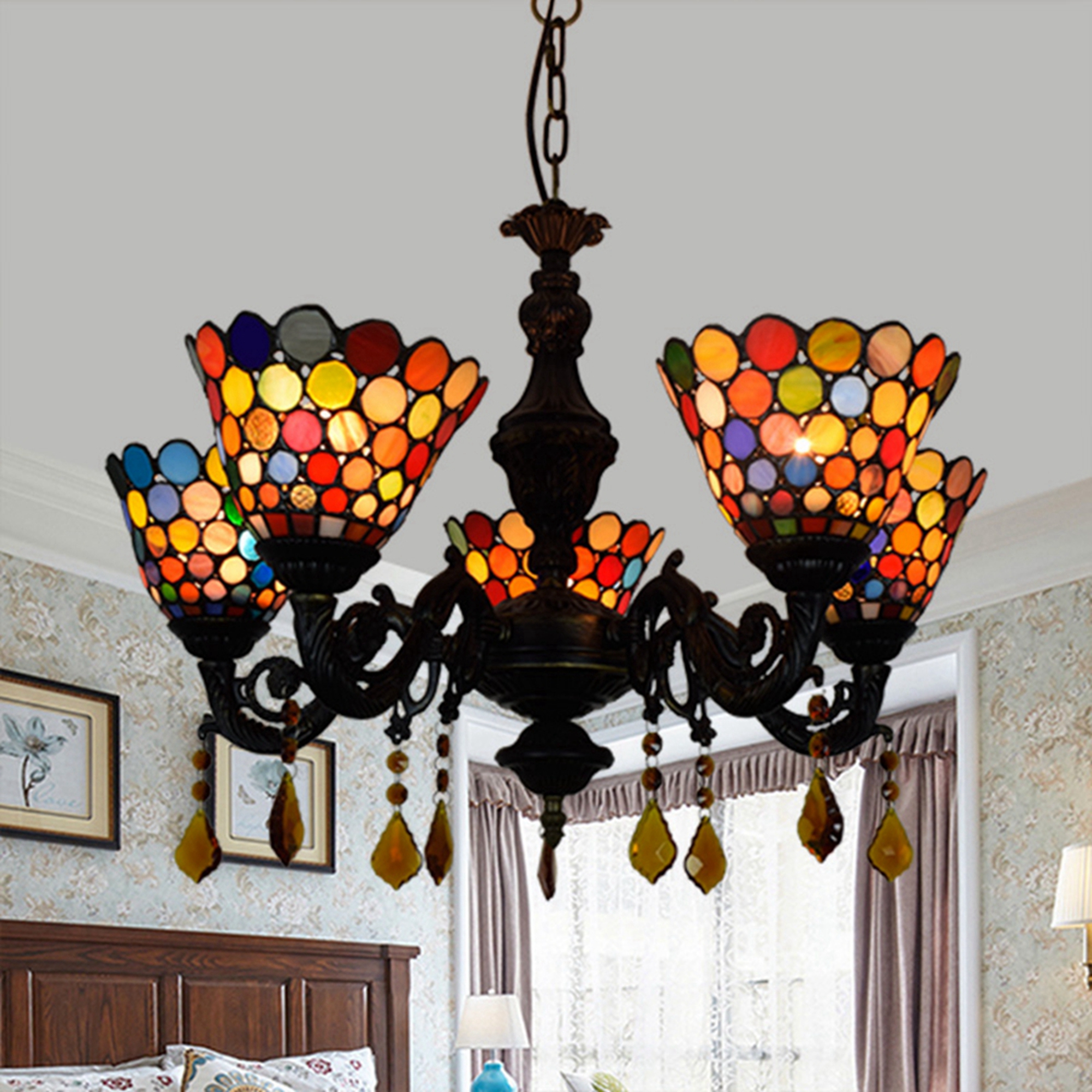 Blivuself Tiffany Chandelier Bohemian Style 6 Inch Colorful Disc Handmade Stained Glass Lamp Shade, Five Chandelier, Indoor Lighting Retro Style Home Decoration, Suitable For Bedroom Living Room Study, 5 Dazzling Disc Crystal Chandelier OFD2064