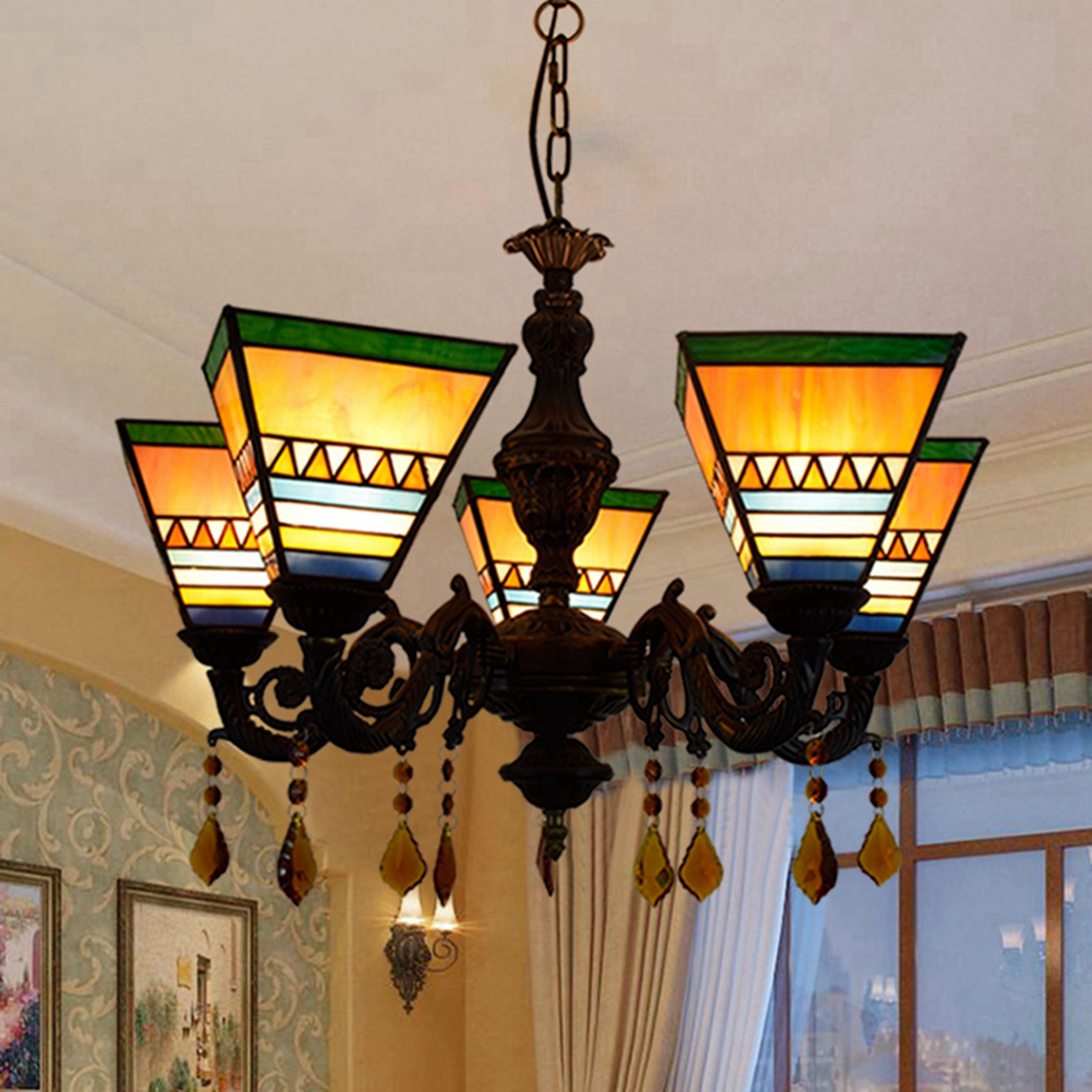 Blivuself Tiffany Bohemian Style 6 Inch Yellow Pyramid Handcrafted Stained Glass Lamp Shade, Five Chandeliers, Indoor Lighting Light Luxury Style Home Decoration, Suitable For Bedroom Living Room Study, 5 Pyramid Crystal Chandelier OFD2061