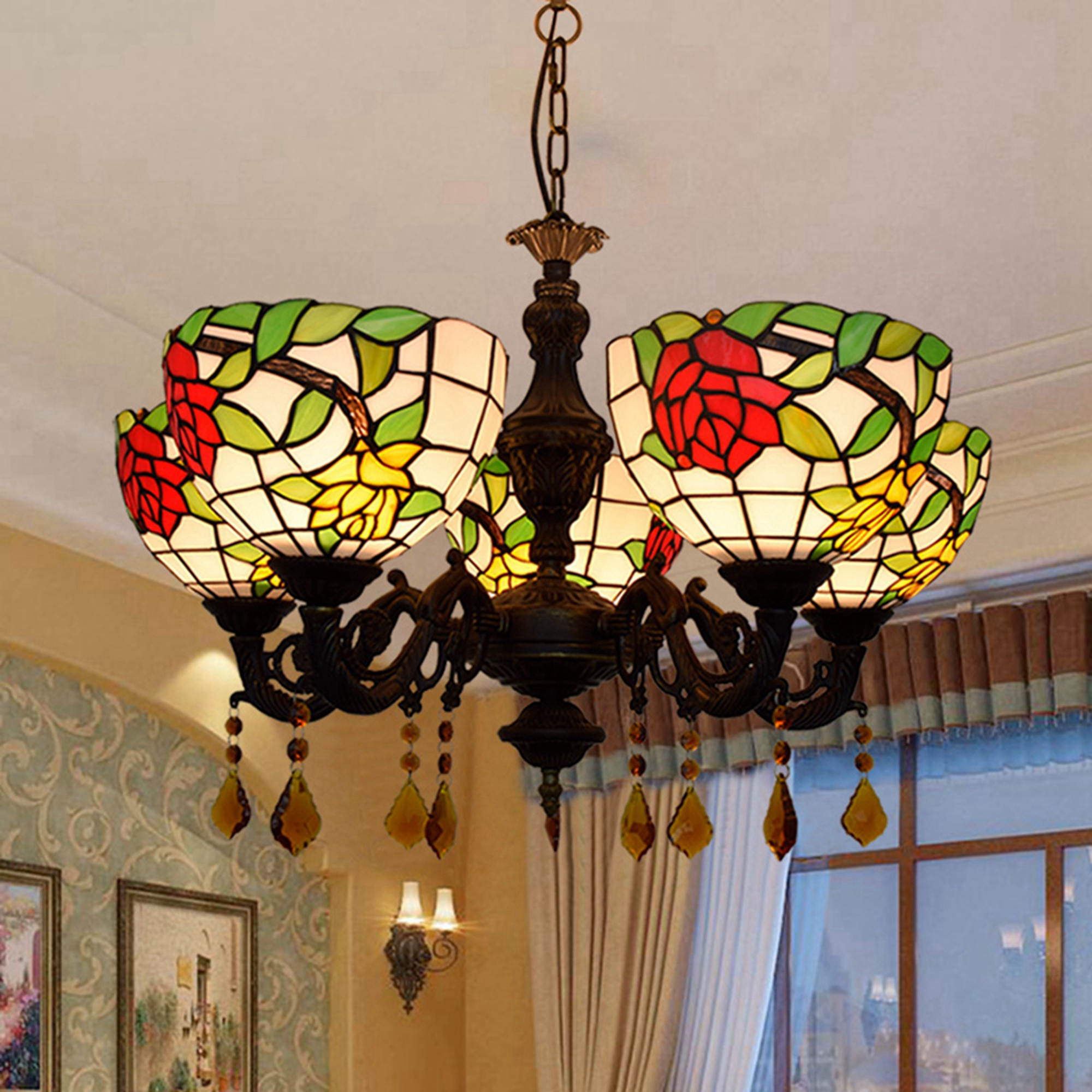 Blivuself Tiffany Chandelier Light Luxury And Elegant Style 8 Inch Red And Yellow Double Color Rose Handmade Stained Glass Lampshade, Five Head Chandelier, Interior Lighting Retro Style Home Decoration, Suitable For Bedroom Living Room Study, 5 Head Double Color Rose Crystal Chandelier OFD2068