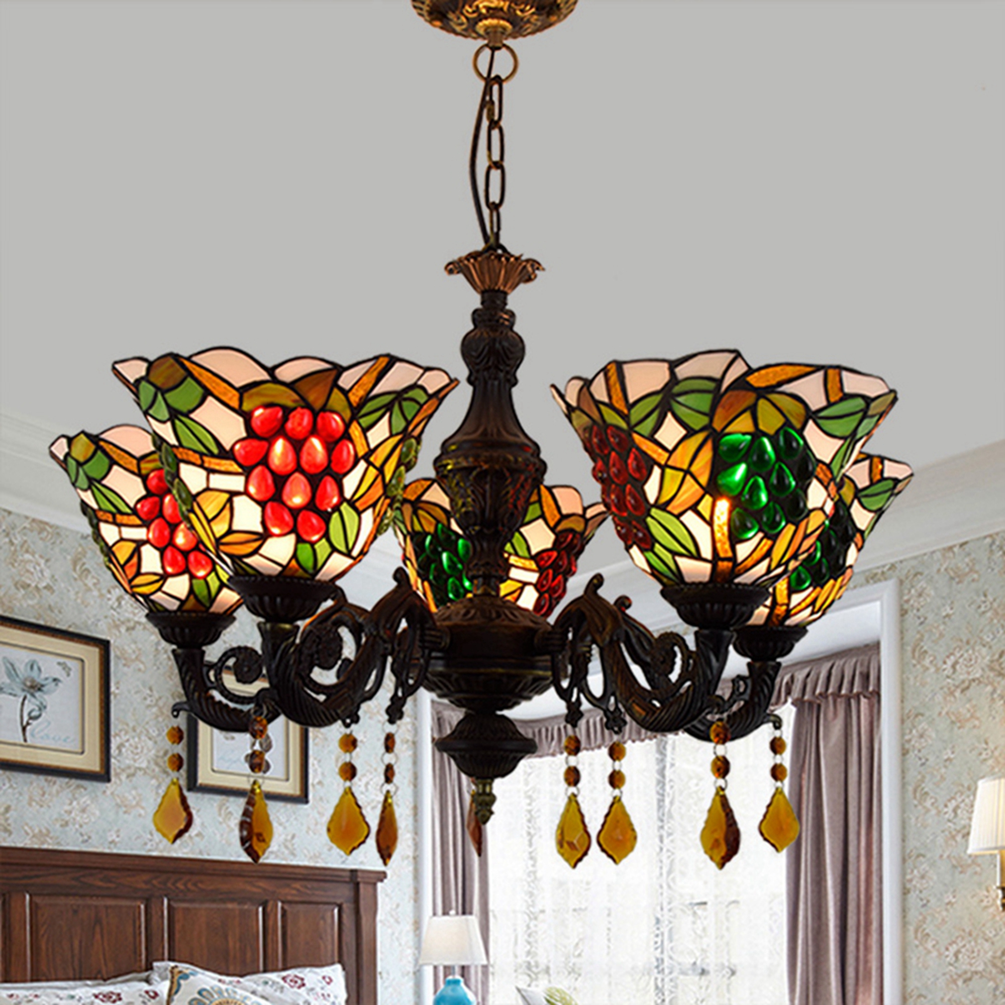 Blivuself Tiffany Chandelier Navia-Style 8 Inch White Red Grapes Handmade Stained Glass Lampshade, Five Chandelier, Interior Lighting Retro Country Style Home Decoration, Suitable For Bedroom Living Room Study, 5 White Grape Crystal Chandelier OFD2066