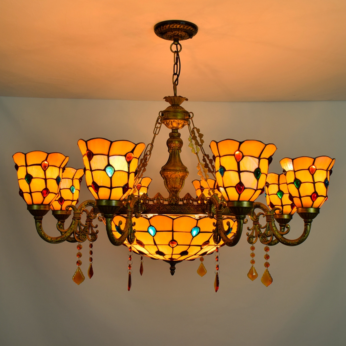 Blivuself Tiffany Chandelier Victorian-Style 6 Inch Colored Beads Handmade Stained Glass Lamp Shade, Suitable For Bedroom, Living Room, Office, Hotel Lobby, Etc., Multiple Chandelier, Interior Lighting Light Luxury Retro Style Home Decoration, 8+1 Colored Bead Crystal Chandelier OFD2125