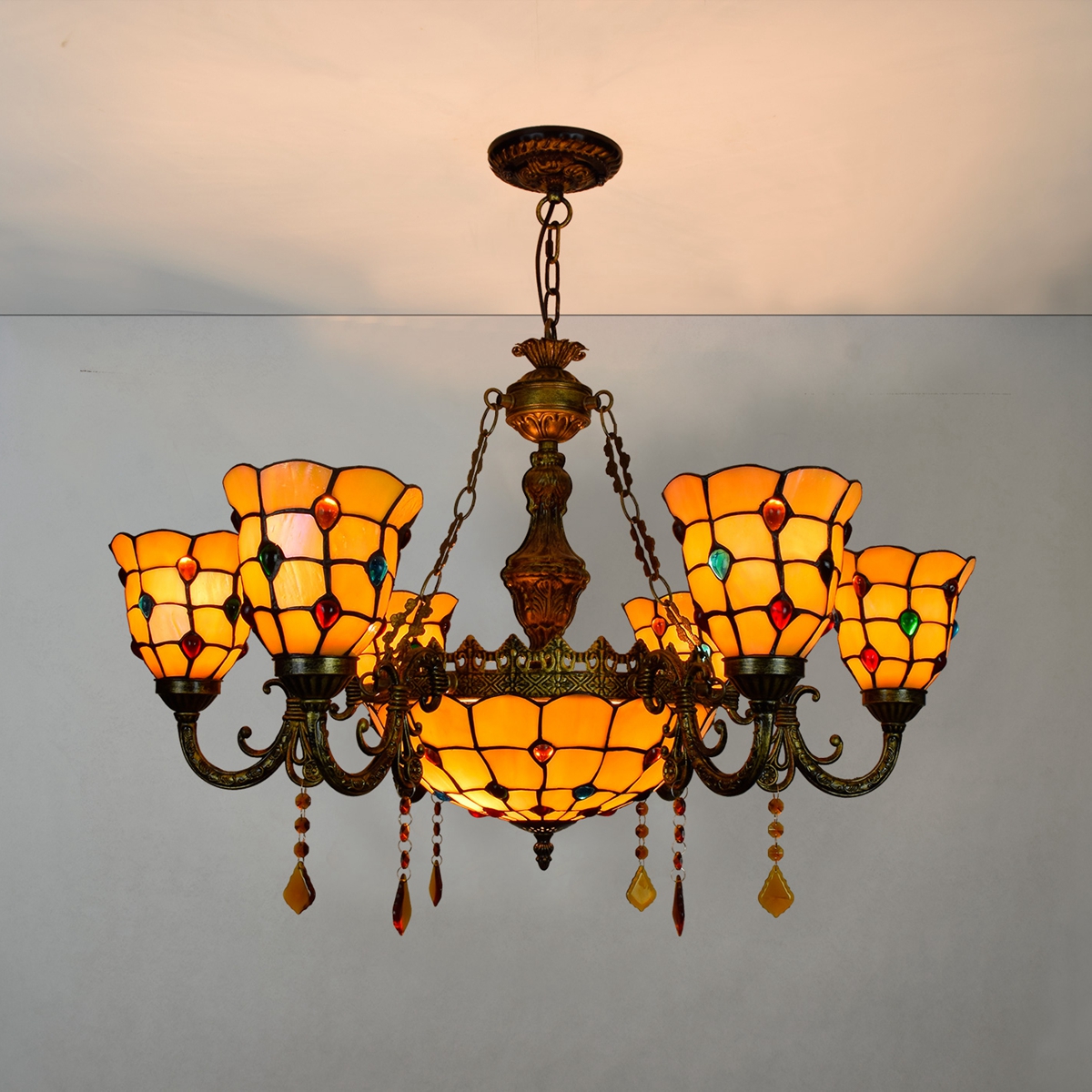 Blivuself Tiffany Chandelier Victorian Style 6 Inch Colored Beads Handmade Stained  Glass Lamp Shade, Suitable For Bedroom Living Room Office Hotel Lobby, Multi-Head Chandelier, Indoor Lighting Light Luxury Retro Style Home Decoration, 6+1 Colored Beads Crystal Chandelier OFD2124