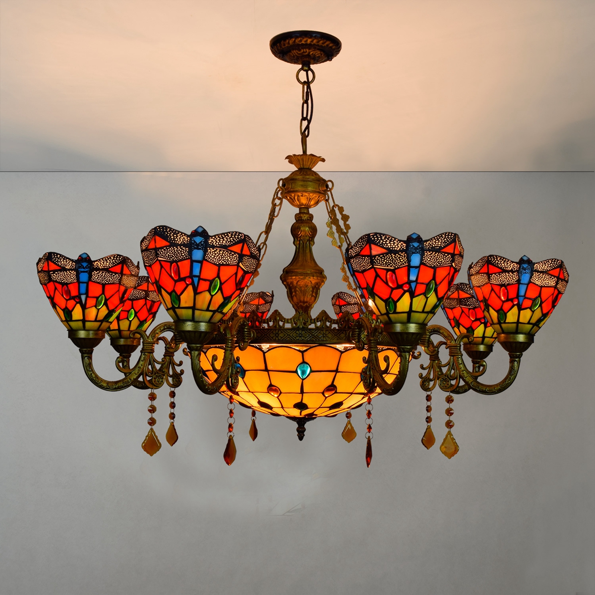 Blivuself Tiffany Chandelier Vintage Country Style 6 "Red Dragonfly Hand-Made Stained Glass Lampshade, Suitable For Bedroom Living Room Office Hotel Lobby, Multi-Head Chandelier, Indoor Lighting Dragonfly Style Home Decoration, 8+1 Red Dragonfly Crystal Chandelier OFD2129