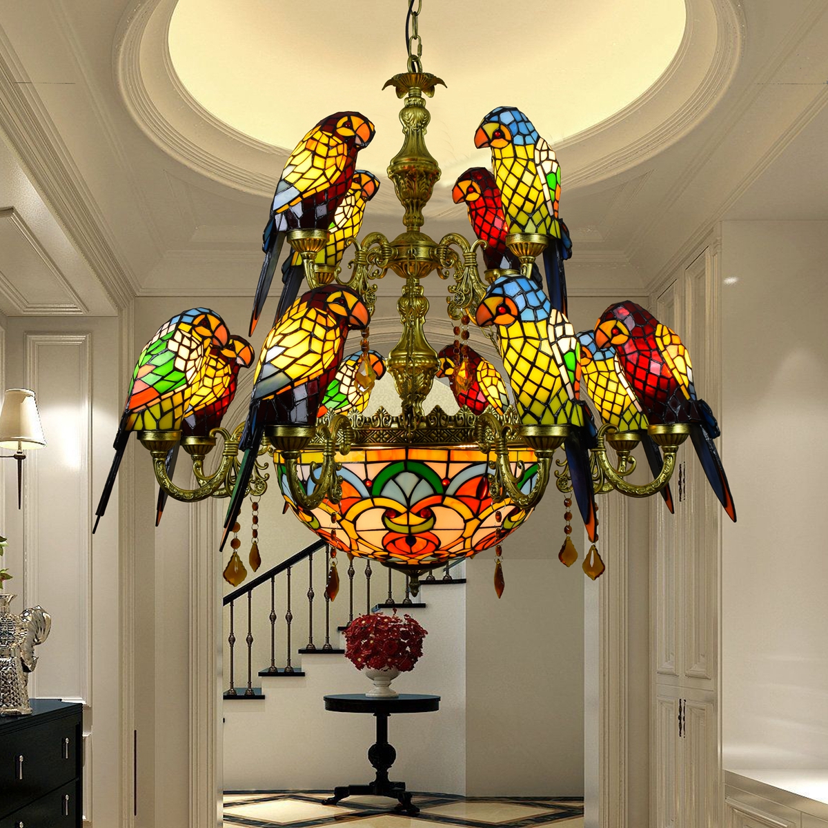 Blivuself Tiffany Chandelier Traditional Medieval Style Red Parrot And Yellow Parrot Handmade Colored Glass Lampshade, Suitable For Bedroom Living Room Office Hotel Lobby, Indoor Lighting Light Luxury Classical Style Home Decoration, 12+1 Parrot Crystal Chandelier OFD2196