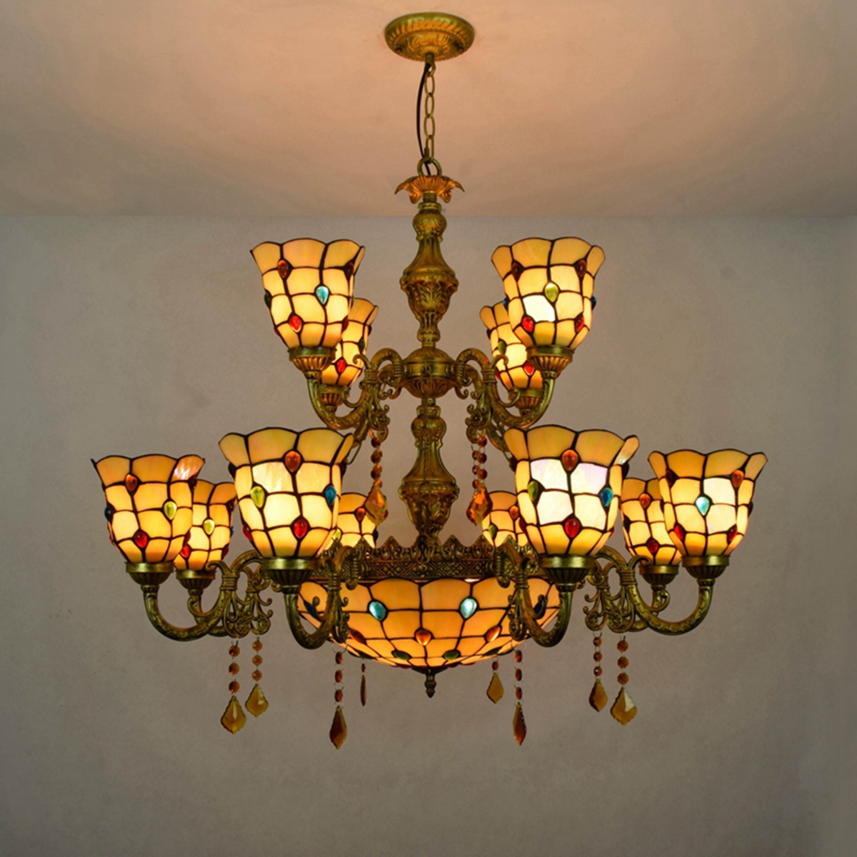 Blivuself Tiffany Chandelier European Generation Retro styleYellow Bottom Colored Beads Handmade Stained Glass Lamp Shade, The Upper And Lower Two Layers Of Chandelier For Bedroom Living Room Office Hotel Lobby, Indoor Lighting Light Luxury Classical Style Home Decoration, 12+1 Colored Beads Crystal Chandelier OFD2223