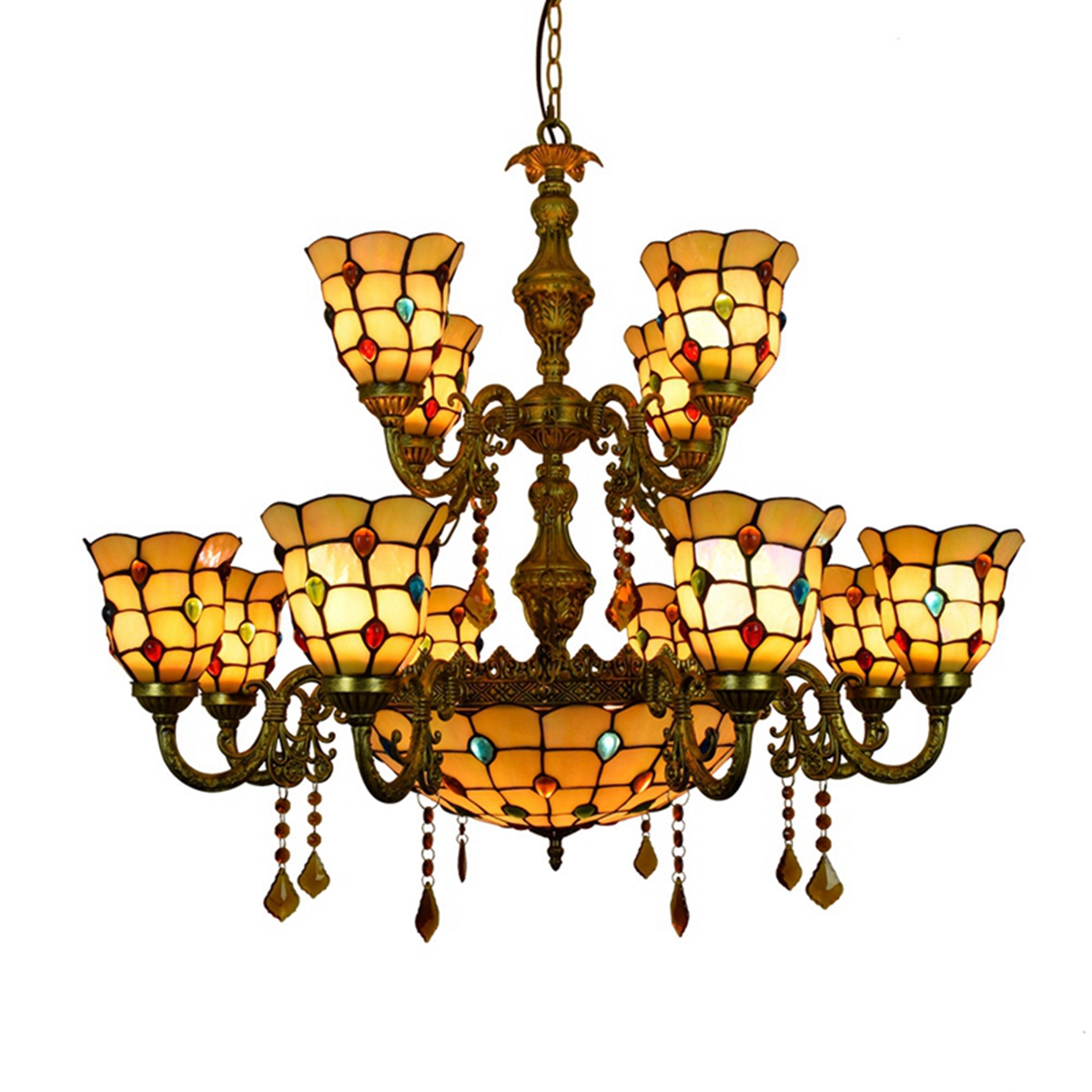 Blivuself Tiffany Chandelier European Generation Retro styleYellow Bottom Colored Beads Handmade Stained Glass Lamp Shade, The Upper And Lower Two Layers Of Chandelier For Bedroom Living Room Office Hotel Lobby, Indoor Lighting Light Luxury Classical Style Home Decoration, 12+1 Colored Beads Crystal Chandelier OFD2223