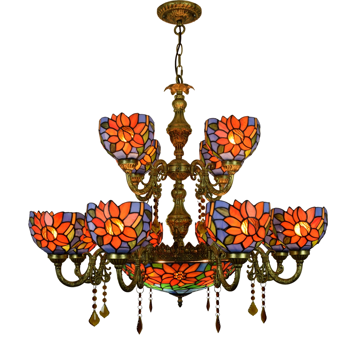 Blivuself Tiffany Chandelier Retro Country Style Blue Orange Sunflower Handmade Stained Glass Lamp Shade, The Upper And Lower Two Layers Of Multi-Head Chandelier, Suitable For Bedroom Living Room Office Hotel Lobby, Indoor Lighting Light Luxury Classical Style Home Decoration, 12+1 Blue Sunflower Crystal Chandelier OFD2221