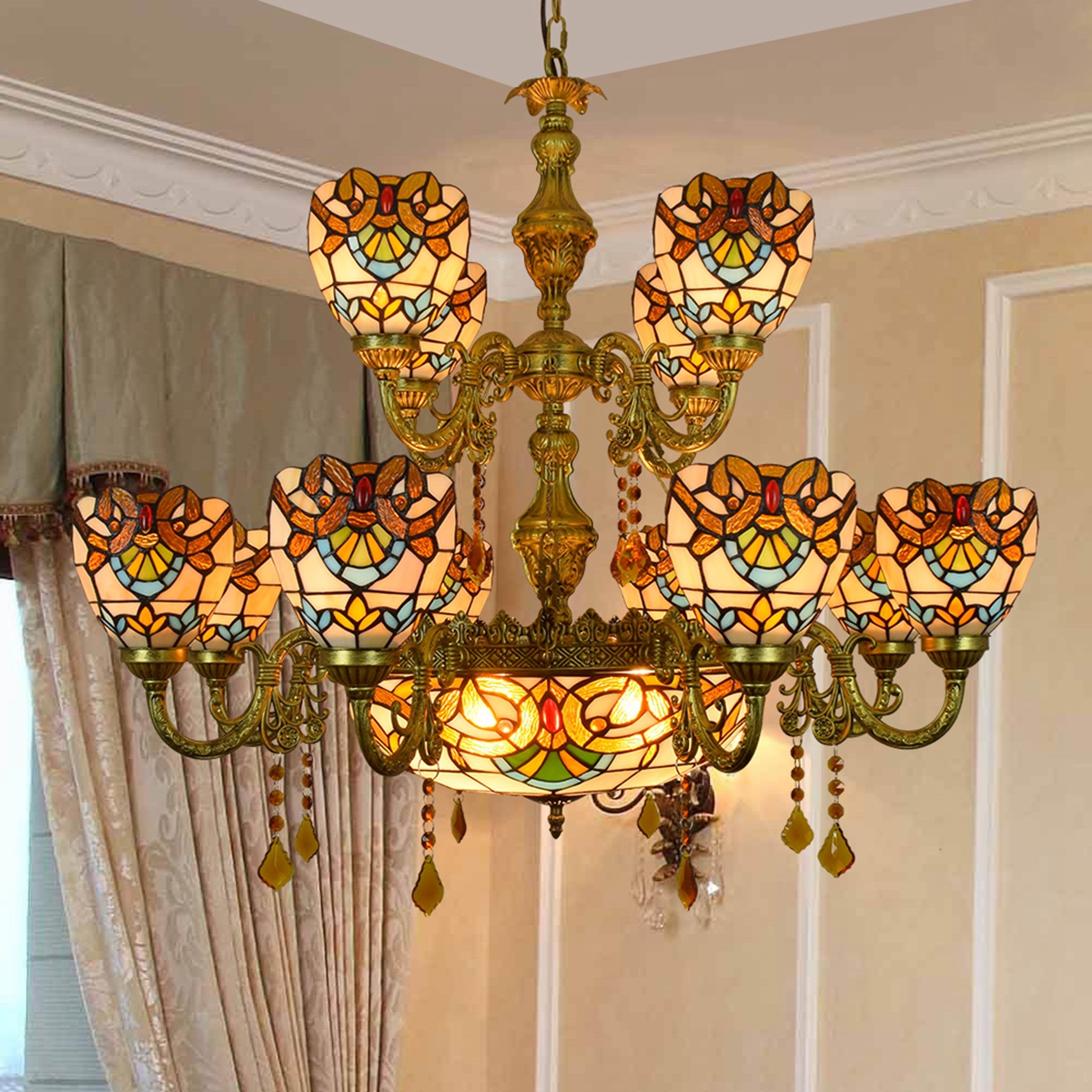 Blivuself Tiffany Chandelier Victorian Light Luxury Style Yellow Baroque Handmade Stained Glass Lamp Shade, The Upper And Lower Two Layers Of Multi-Head Chandelier, Suitable For Bedroom Living Room Office Hotel Lobby, Indoor Lighting European Vintage Style Home Decoration, 12+1 Baroque Crystal Chandelier OFD2215