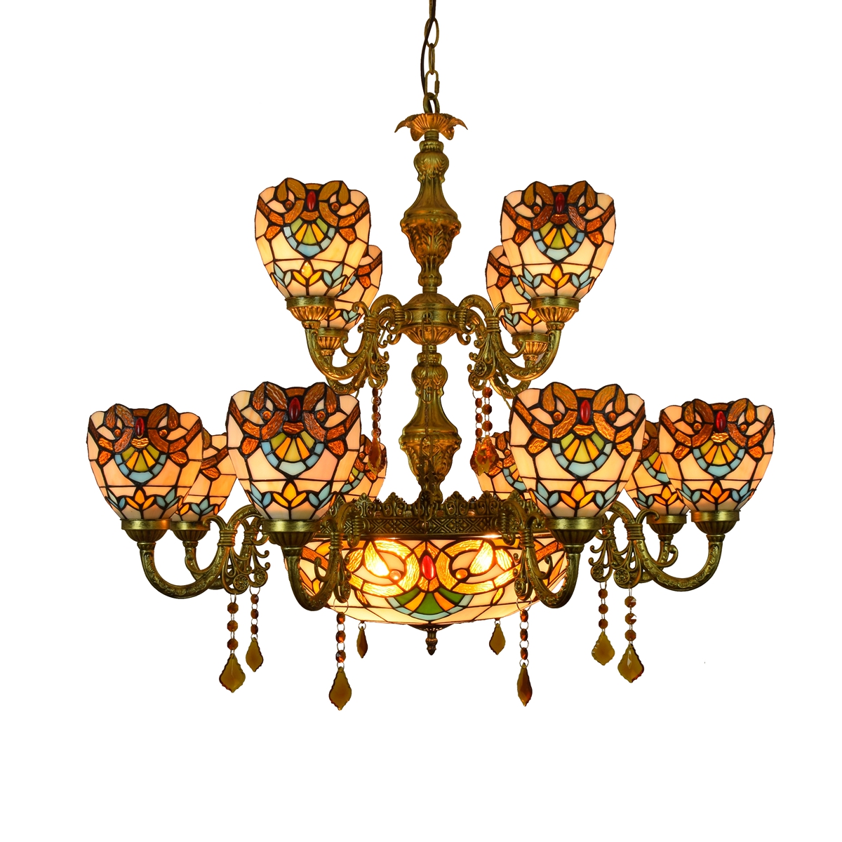 Blivuself Tiffany Chandelier Victorian Light Luxury Style Yellow Baroque Handmade Stained Glass Lamp Shade, The Upper And Lower Two Layers Of Multi-Head Chandelier, Suitable For Bedroom Living Room Office Hotel Lobby, Indoor Lighting European Vintage Style Home Decoration, 12+1 Baroque Crystal Chandelier OFD2215