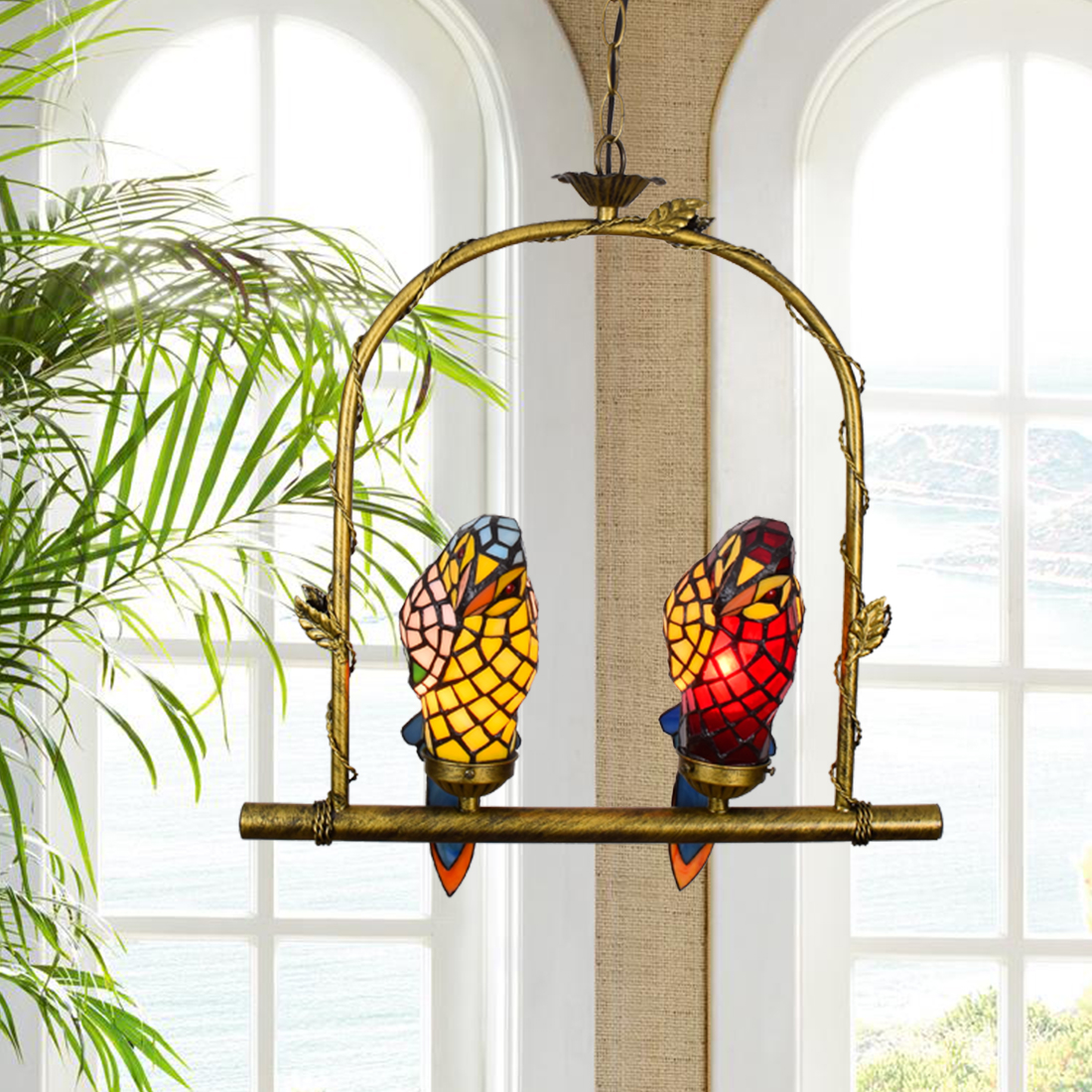 Blivuself Tiffany Pendant Lamp Victorian Style Red Yellow Parrot Handmade Colored Glass Lampshade, Suitable For Bedroom Living Room Study Corridor, Indoor Lighting European Vintage Style Home Decoration, Parrot Double Pendant Lamp OFD2204