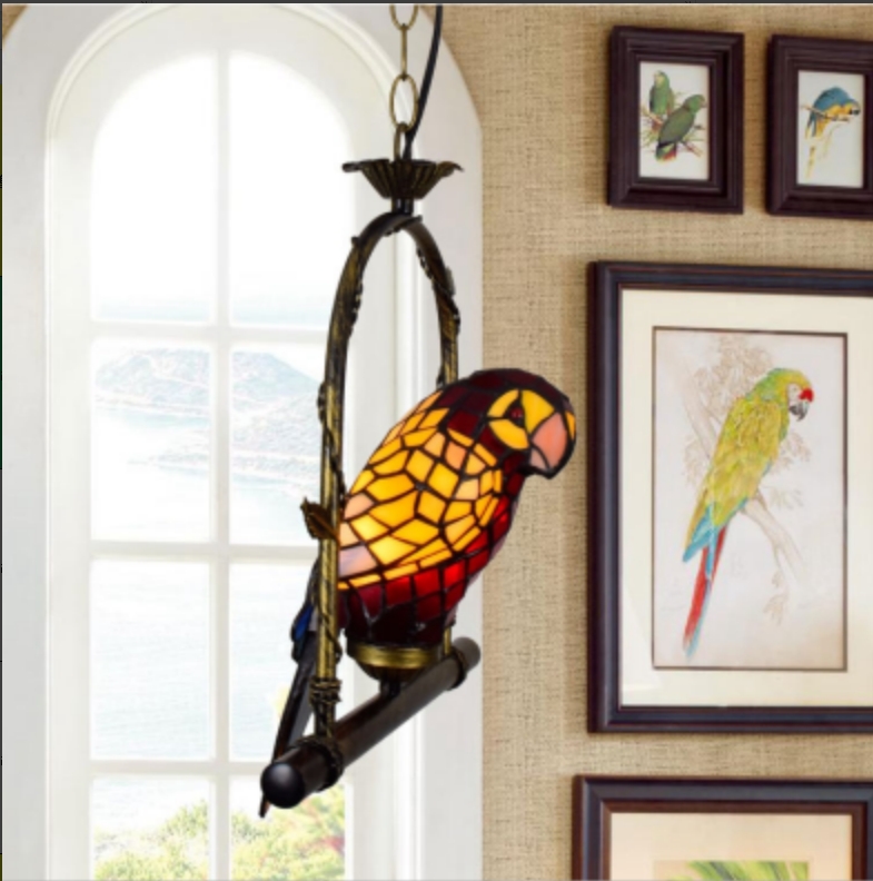 Blivuself Tiffany Chandelier Traditional Medieval Style Red Parrot Handmade Stained glass  Lamp Shade, Suitable For Bedroom Living Room Study Corridor, Indoor Lighting European Vintage Style Home Decoration, Red Parrot Single Chandelier OFD2206