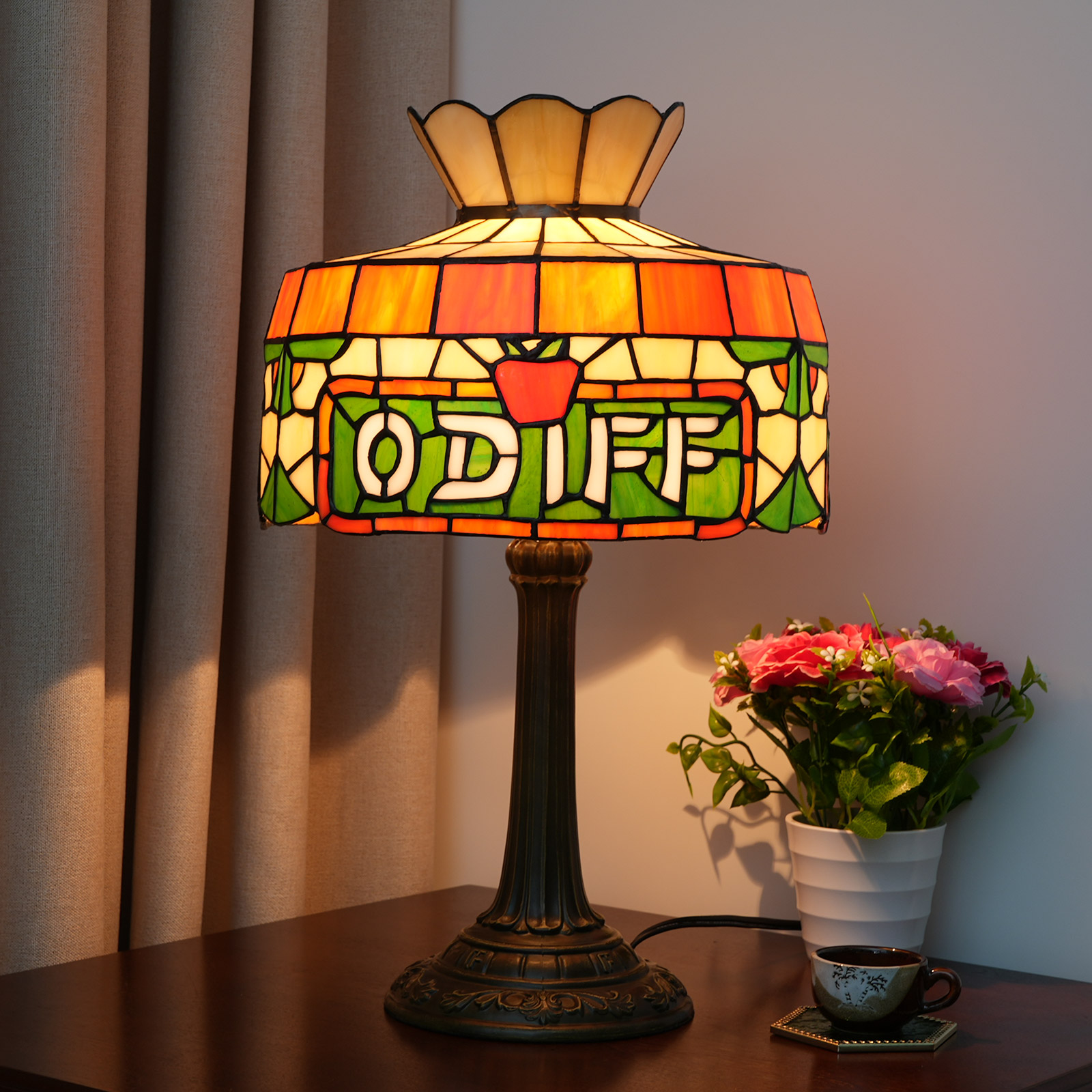 Blivuself Tiffany Desk Lamp Traditional Medieval Style 12-Inch Yellow Letter Apple Hand-Made Colored Glass Lamp Shade, Suitable For Bedroom Living Room Study Dining Room, Indoor Lighting European Vintage Style Home Decoration, 12-Inch ODIFF Apple-Of Bronze Desk Lamp OFT958