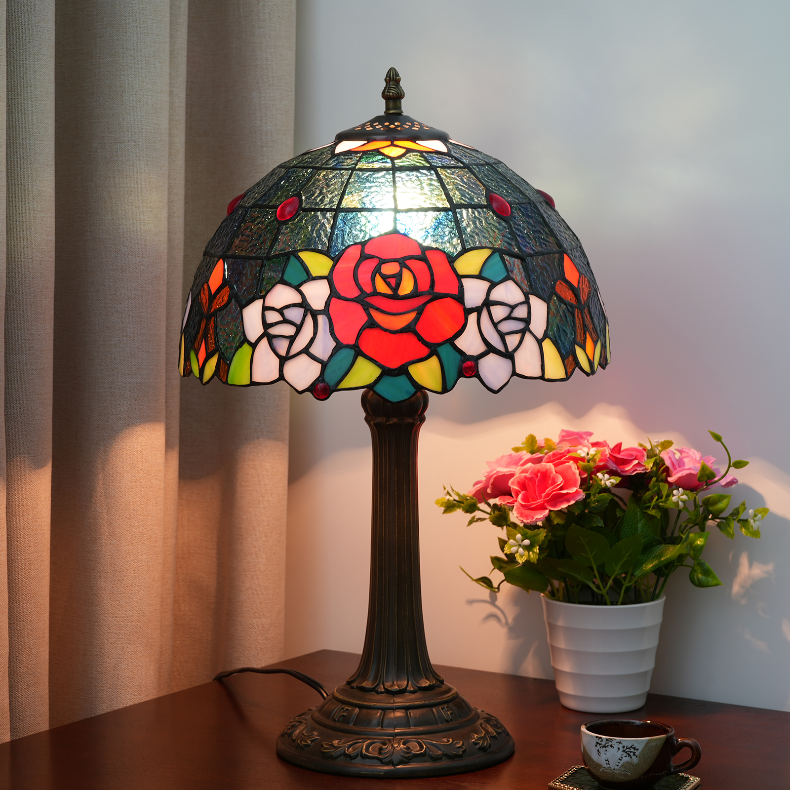 Blivuself Tiffany Table Lamp Vintage Country Style 12 Inch Blue Red Rose Handmade Colored Glass Lamp Shade, Suitable For Bedroom Living Room Study Dining Room, Indoor Lighting Warm Romantic Style Home Decoration, 12 Inch Blue Rose -Of Bronze Desk Lamp OFT964