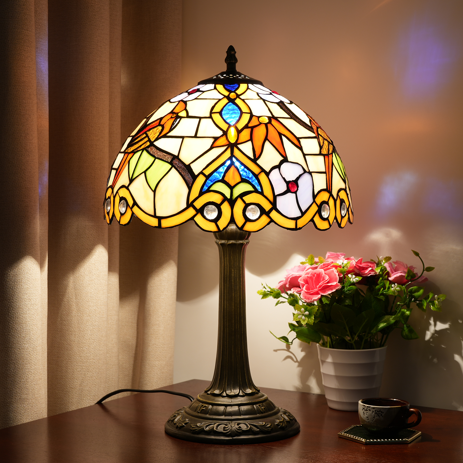 Blivuself Tiffany Table Lamp Traditional Country Style 12-Inch Purple Morning Glory Bird Hand-Made Colored Glass Lamp Shade, Suitable For Bedroom Living Room Study Dining Room, Indoor Lighting Retro Pastoral Style Home Decoration, 12-Inch Thrush Bird -Of Bronze Table Lamp OFT1020