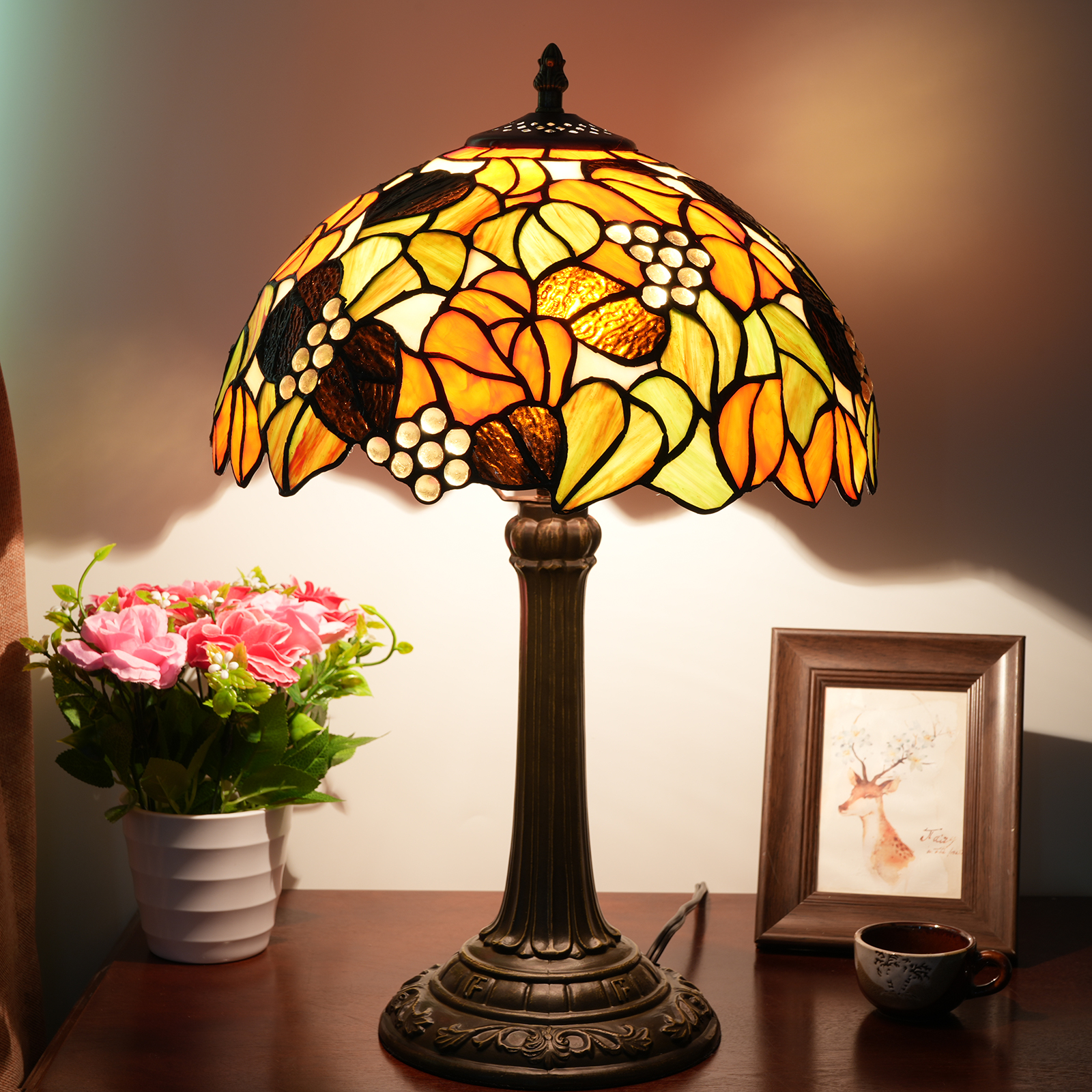 Blivuself Tiffany Desk Lamp European Vintage Style 12 Inch Brown Maple Leaf Grapes Hand-Made Stained Glass Lamp Shade, Suitable For Bedroom Living Room Study Dining Room, Indoor Lighting Classical Art Style Home Decoration, 12 Inch Maple Leaf Grapes -OF Bronze Desk Lamp OFT1173