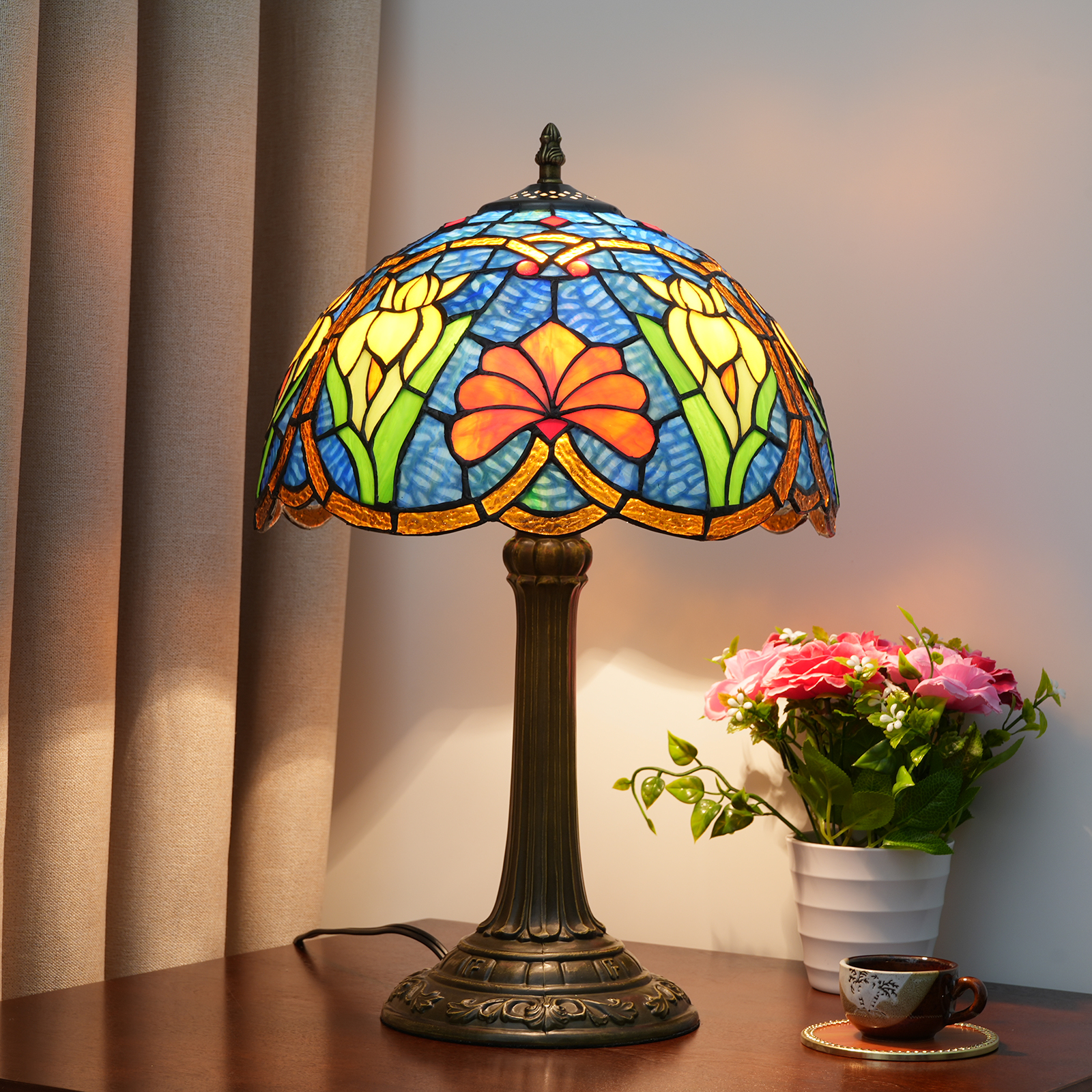 Blivuself Tiffany Desk Lamp Victorian Style 12-Inch Blue Red And Yellow Two-Color Flowers Handmade Colored Glass Lamp Shade, Suitable For Bedroom Living Room Study Dining Room, Indoor Lighting Rural Style Home Decoration, 12-Inch Blue Red Flower -OF Bronze Desk Lamp OFT1183
