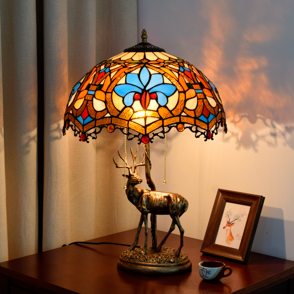 Blivuself Tiffany Desk Lamp Retro European Style 16 Inches Brown Love Design Handmade Colored Glass Lamp Shade, Elk Design Base, Adjustable Lighting Interior Lighting Light Luxury Elegant Style Home Decoration, Suitable For Bedroom Living Room Study Dining Room, 16 Inches Love Beads - Elk Desk Lamp OFT900