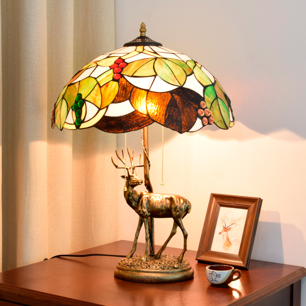Blivuself Tiffany Table Lamp Vintage European Style 16 Inch Brown Leaves Red Grapes Handmade Colored Glass Lamp Shade, Elk Design Base, Adjustable Lighting Country Style Home Decoration, Suitable For Bedroom Living Room Study Dining Room, 16 Inch Brown Grape - Elk Table Lamp OFT917