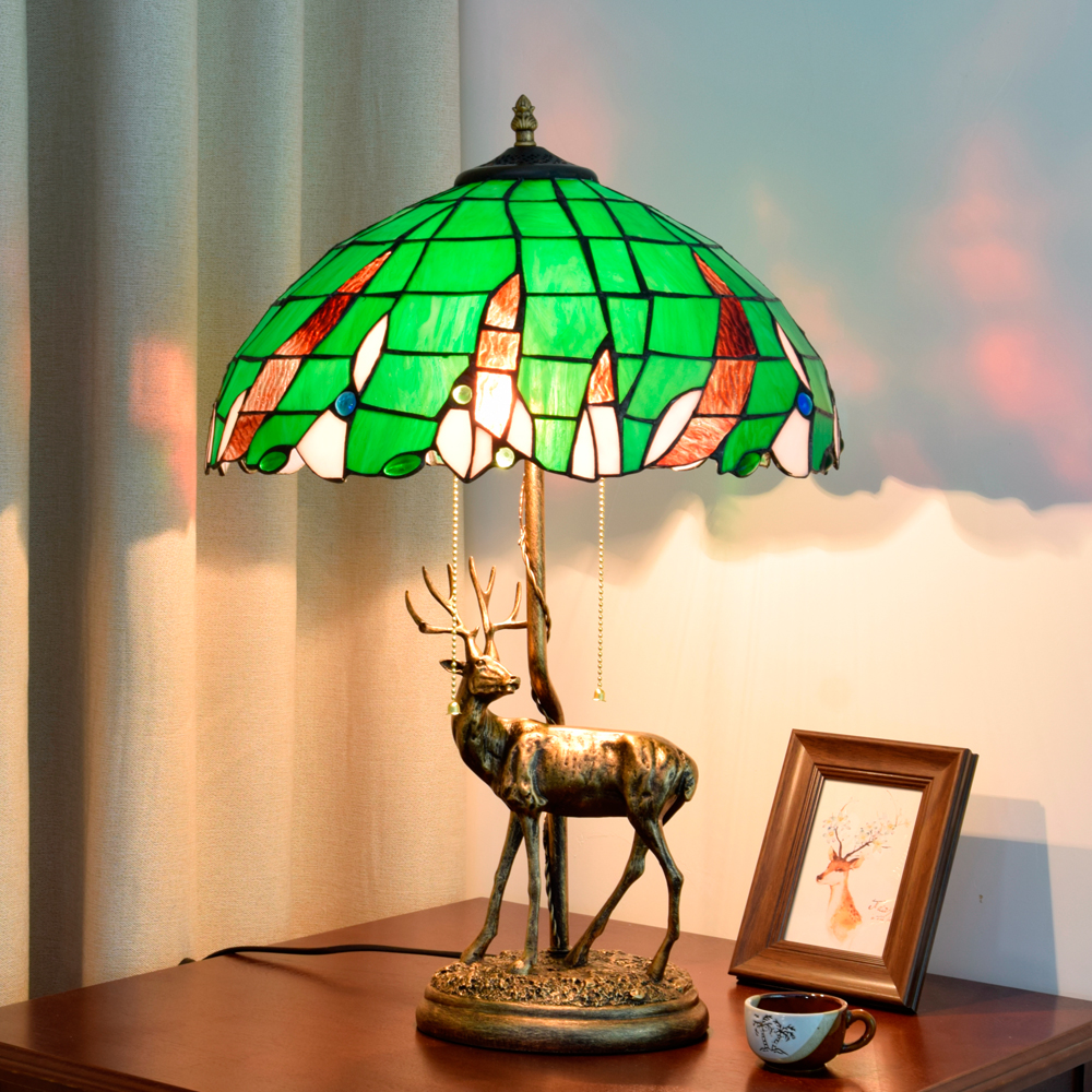 Blivuself Tiffany Table Lamp Vintage European Style 16 Inch Green Beads Handmade Stained Glass Lamp Shade, Elk Design Base, Adjustable Lighting Country Style Home Decoration, Suitable For Bedroom Living Room Study Dining Room, 16 Inch Green Beads - Elk Table Lamp OFT901