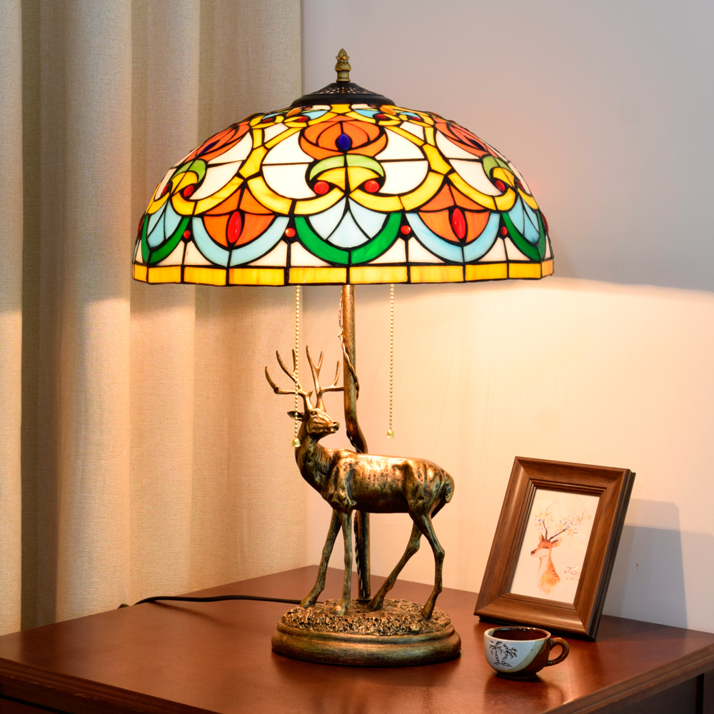 Blivuself Tiffany Desk Lamp Victorian Style 16 Inch Orange Heart Beads Handmade Colored Glass Lamp Shade, Elk Design Base, Adjustable Lighting European Vintage Style Home Decoration, Suitable For Bedroom Living Room Study Dining Room, 16 Inch Heart Beads - Elk Desk Lamp OFT911
