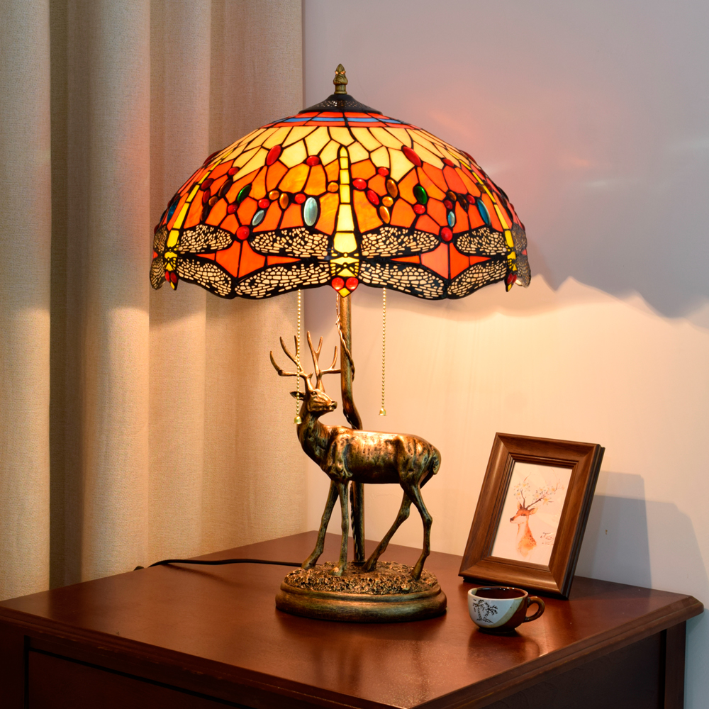 Blivuself Tiffany Table Lamp Vintage Dragonfly Style 16 Inch Orange Bottom Dragonfly Hand-Made Stained Glass Lampshade, Adjustable Lighting Style Country Style Home Decoration, Suitable For Bedroom Living Room Study Dining Room, Etc., 16" Orange Dragonfly - Elk Table Lamp OFT904