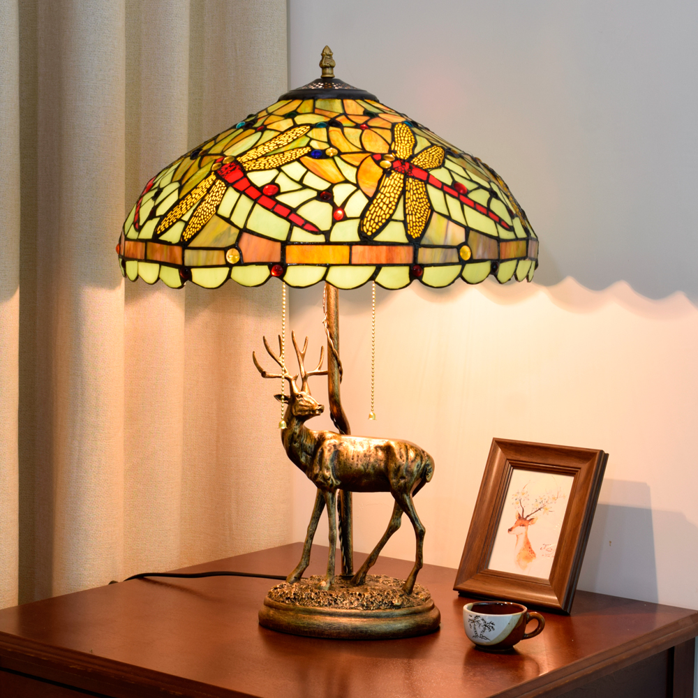 Blivuself Tiffany Table Lamp Vintage Dragonfly Style 16 Inch Green Bottom Dragonfly Hand-Made Stained Glass Lampshade, Adjustable Lighting Style Country Style Home Decoration, Suitable For Bedroom Living Room Study Dining Room, 16 Inch Green Bottom Dragonfly - Elk Table Lamp OFT906