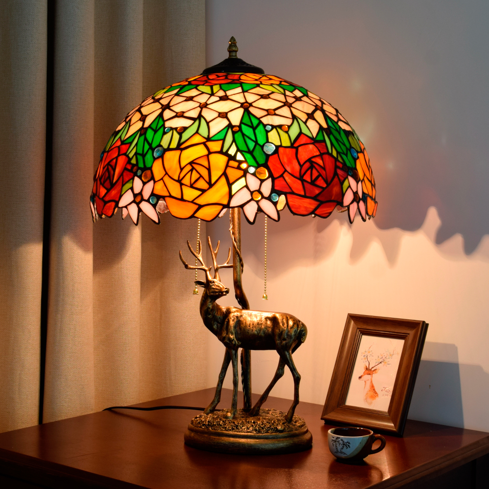 Blivuself Tiffany Table Lamp European Light Luxury Style 16 Inches Red Orange Two-Color Rose Handmade Colored Glass Lampshade, Adjustable Lighting Style Retro Romantic Style Home Decoration, Suitable For Bedroom Living Room Study Dining Room, 16 Inches Gorgeous Rose-Elk Table Lamp OFT907