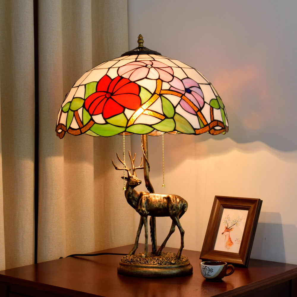 Blivuself Tiffany Desk Lamp European Light Luxury Style 16 Inches Pink Purple Red Three Color Morning Glory Hand-Made Stained Glass Lamp Shade, Adjustable Lighting Style Retro Romantic Style Home Decoration, Suitable For Bedroom Living Room Study Dining Room, 16 Inches Morning Glory - Elk Lamp - Three Color Flower OFT902