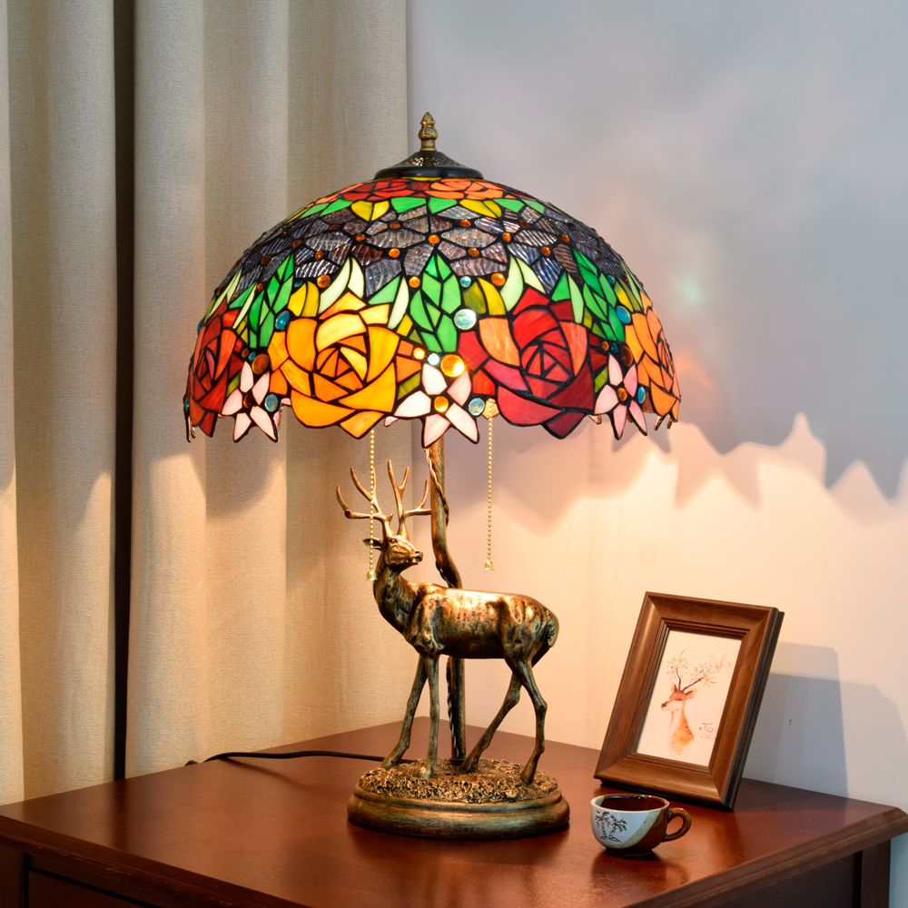 Blivuself Tiffany Desk Lamp Victorian Style 16 Inches Deep Purple Red Orange Rose Color Handmade  Stained Glass  Lamp Shade, Adjustable Lighting Style European Light Luxury Style Home Decoration, Suitable For Bedroom Living Room Study Dining Room, 16 Inches Black Rose-Elk Desk Lamp OFT905