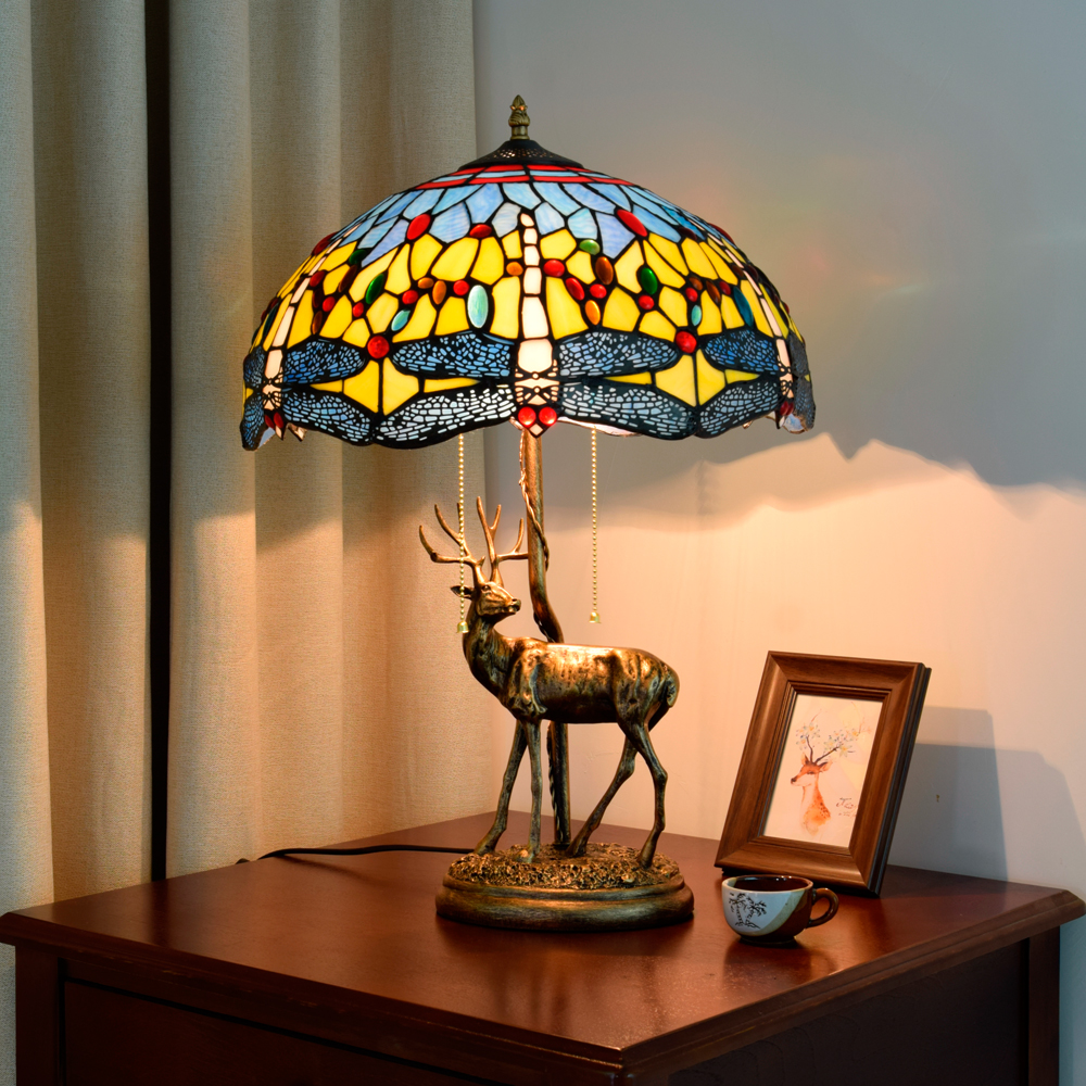Blivuself Tiffany Desk Lamp Retro Dragonfly Style 16 Inches Yellow Background White Dragonfly Hand-Made Colored Glass Lampshade, Adjustable Lighting European Light Luxury Style Home Decoration, Suitable For Bedroom Living Room Study Dining Room, 16 Inches Yellow Bottom Dragonfly - Elk Desk Lamp OFT916