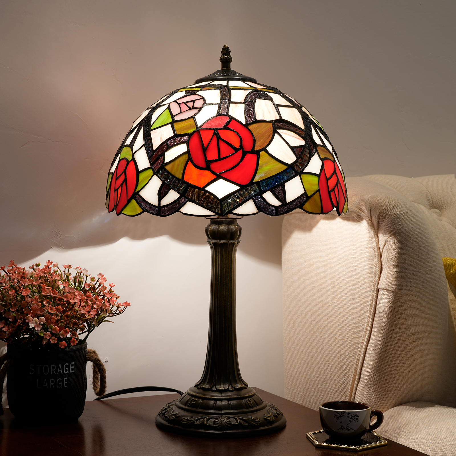 Blivuself Tiffany Desk Lamp European Vintage Style 12 Inches Love Red Rose Handmade Stained Glass Lamp Shade, Light Luxury And Elegant Style Home Decoration, Suitable For Bedroom Living Room Office, 12 Inches Love Rose - Bronze Desk Lamp OFT1237