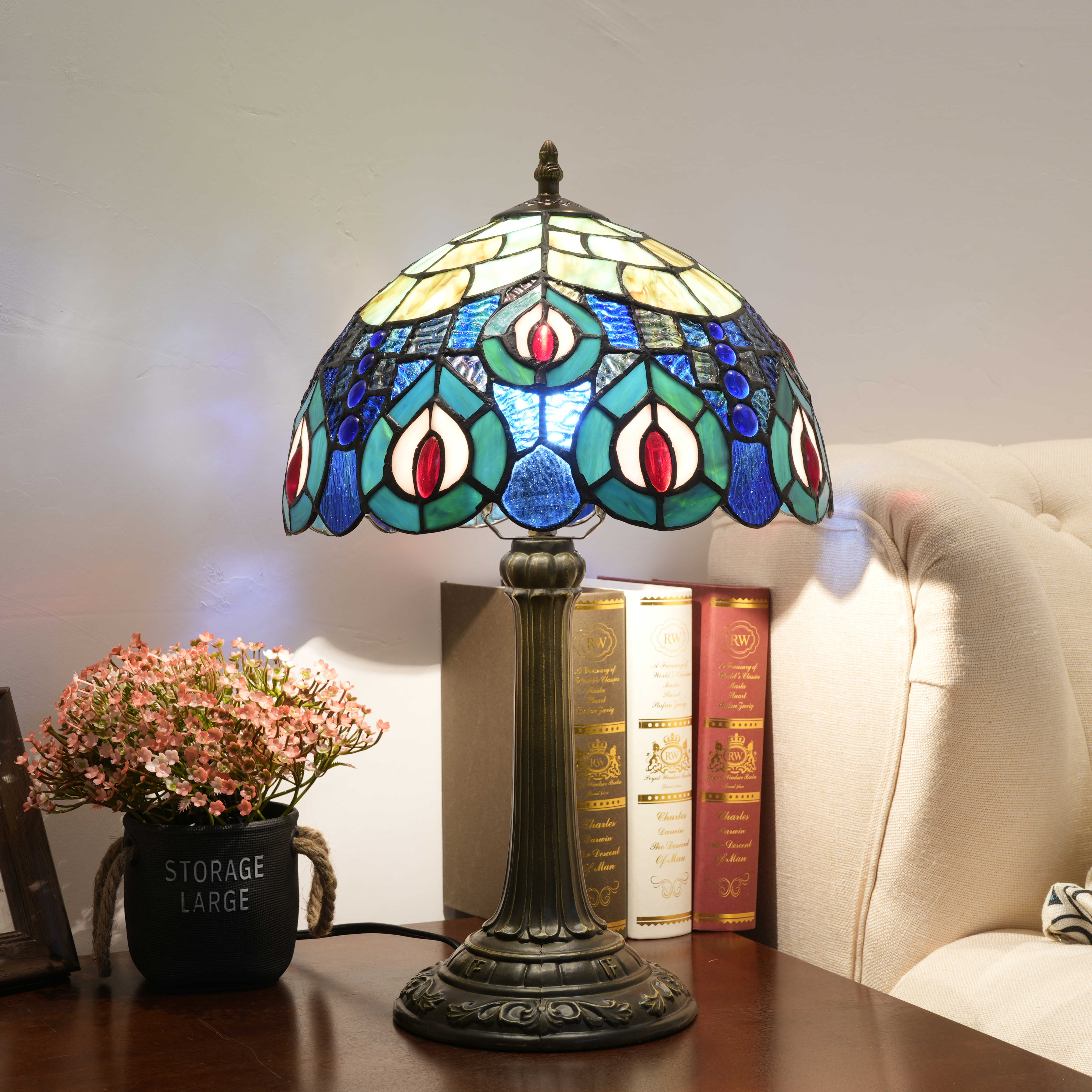 Blivuself Tiffany Desk Lamp European Vintage Style 12-Inch Blue Green Peacock Tail Design Hand-Made Stained Glass Lamp Shade, Light Luxury And Elegant Style Home Decoration, Suitable For Bedroom Living Room Office, 12-Inch Blue Peacock - Bronze Desk Lamp OFT1238