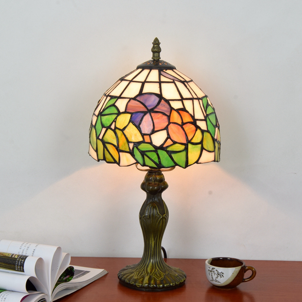Blivuself Tiffany Table Lamp Navia-Style 8-Inch Garden Flower Handmade Stained Glass Lamp Shade, Retro Garden Style Home Decoration, Suitable For Bedroom Living Room Office, Etc., 8-Inch Garden Flower - Flat Base Table Lamp OFT10011