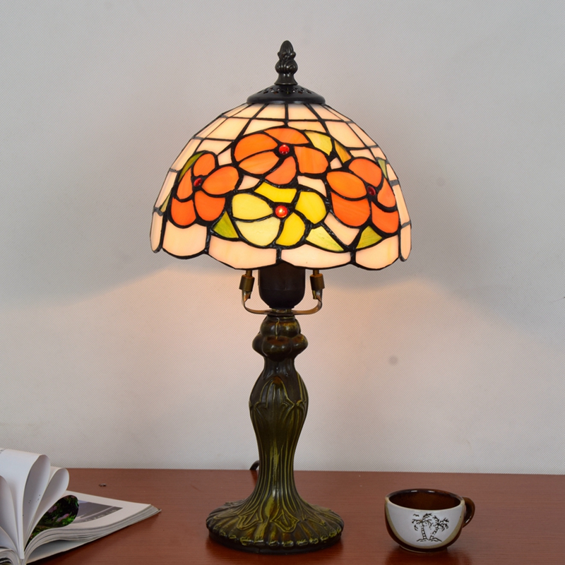 Blivuself Tiffany Desk Lamp Medieval Style 8-Inch Orange Rich Flower Handmade Stained Glass Lamp Shade, Retro Pastoral Style Home Decoration, Suitable For Bedroom Living Room Office, 8-Inch Rich Flower - Flat Base Desk Lamp OFT10022