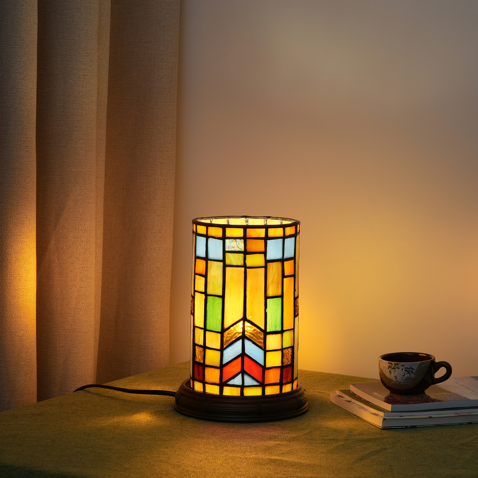 Blivuself Tiffany Desk Lamp European Vintage Style 8-Inch Orange Plaid Hand-Made Colored Glass Lamp Shade, Eye Protection Reading Three-Color Adjustment Night Light, Romantic And Warm Style Home Decoration, Suitable For Bedroom Library Restaurant, Etc., Plaid Bucket Light  OFT10028