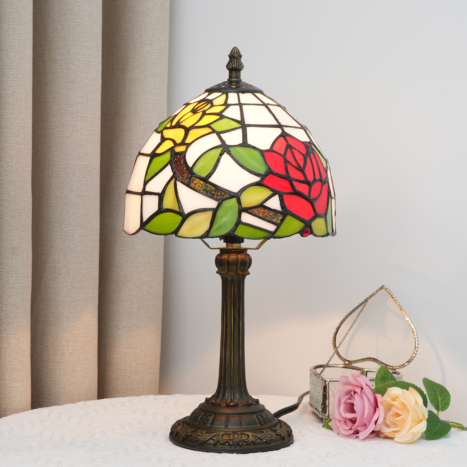 Blivuself Tiffany Table Lamp Victorian Style 8 Inch Table Lamp Red And Yellow Two-Color Rose Hand-Made Stained Glass Lamp Shade, Suitable For Bedroom Living Room Study Dining Room, European Retro Country Style Home Decoration 8 Inch Two-Color Rose -OF Bronze Lamp OFU980