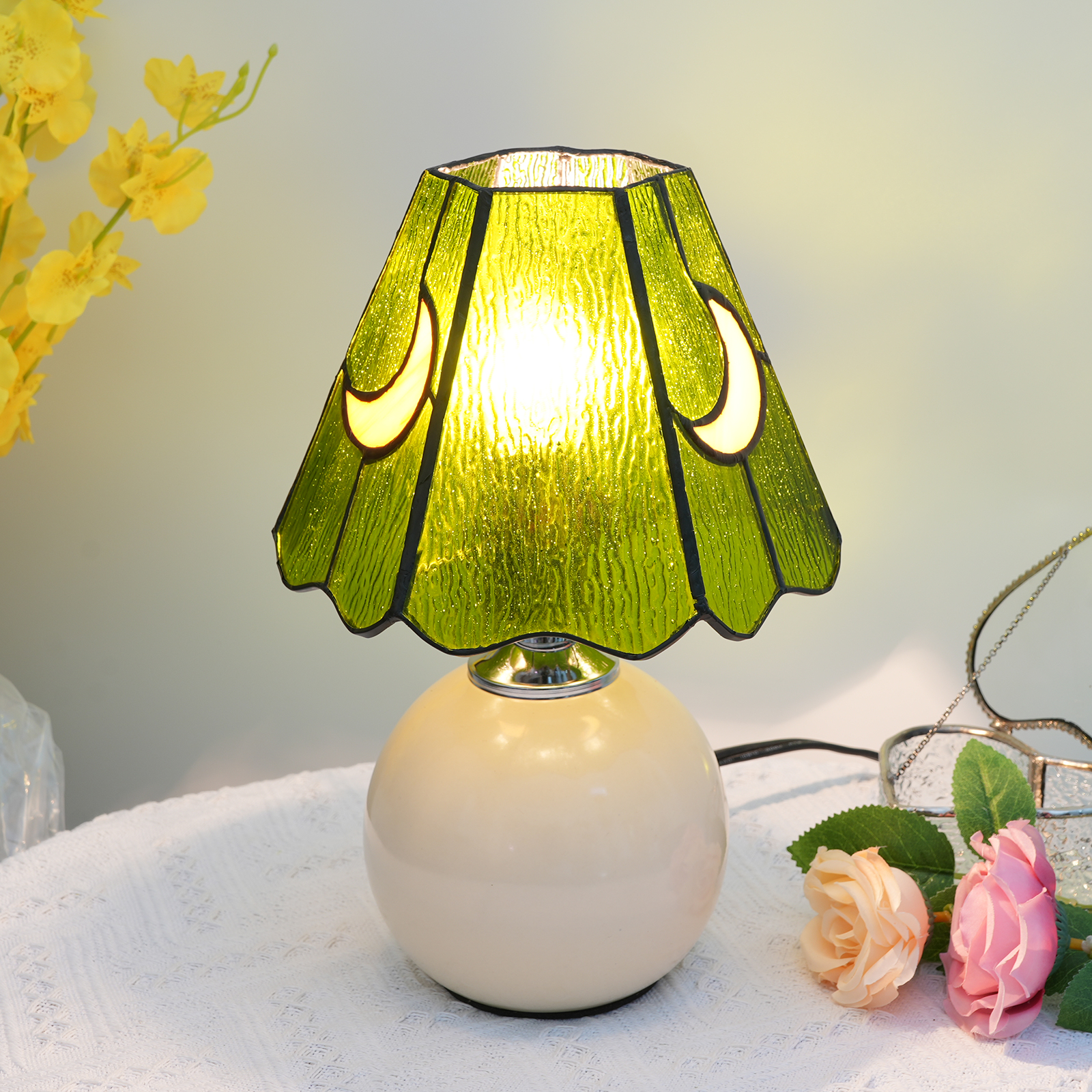 Blivusself Tiffany Stained glass Green Water print Moon lamp Bedroom Bedside Reading Light Office Dorm bar Warm vintage style decor Unique Lovely OFU1063