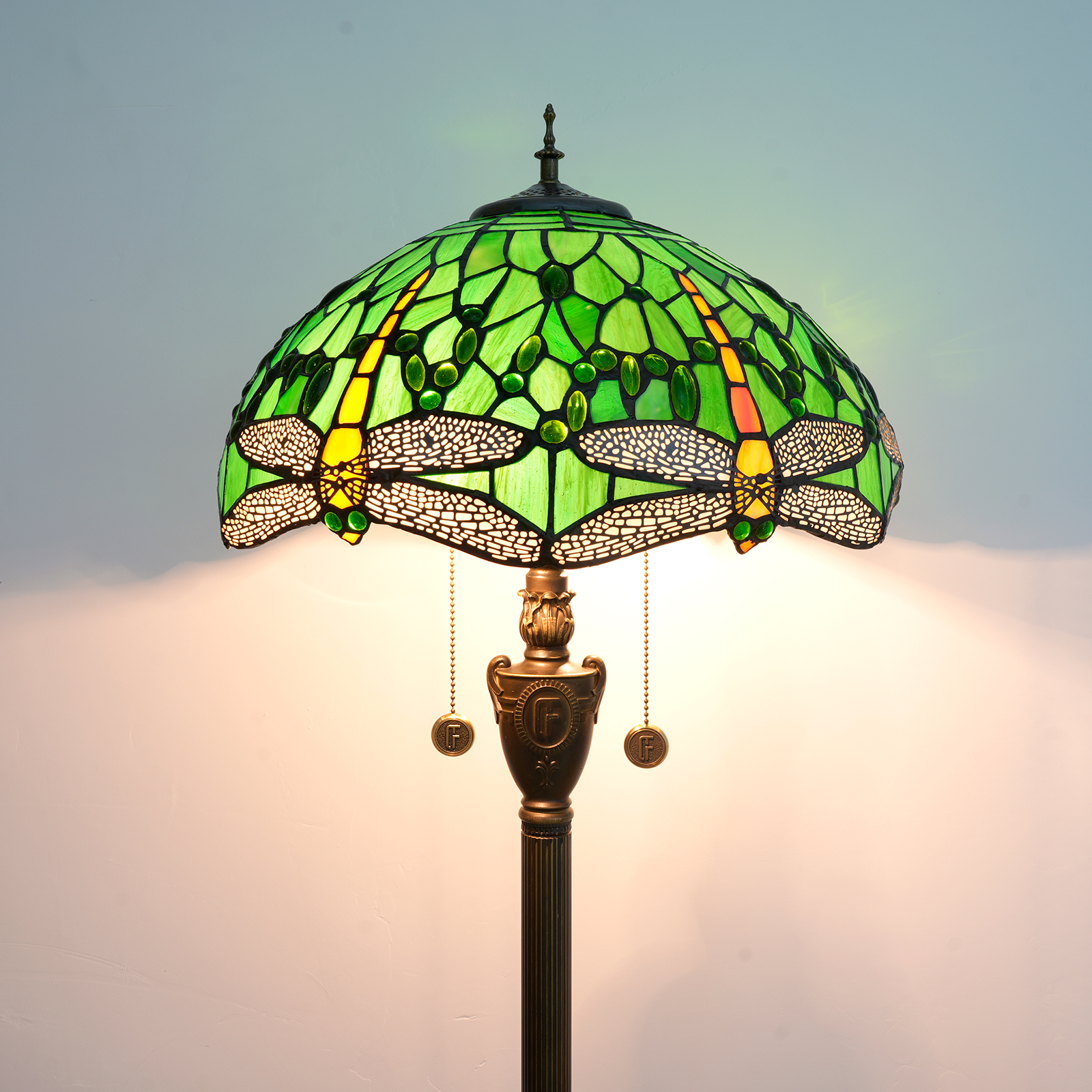 Blivuself Tiffany Floor lamp Victorian Style 16 Inch Green Dragonfly Hand-Colored Glass Lamp Shade, Retro Dragonfly Style Adjustable Indoor Lighting Eye Protection Reading Light, Suitable For Study Bedroom Dining Room Office, 16 Inch Green Dragonfly -Of Downward Floor Lamp OFN41