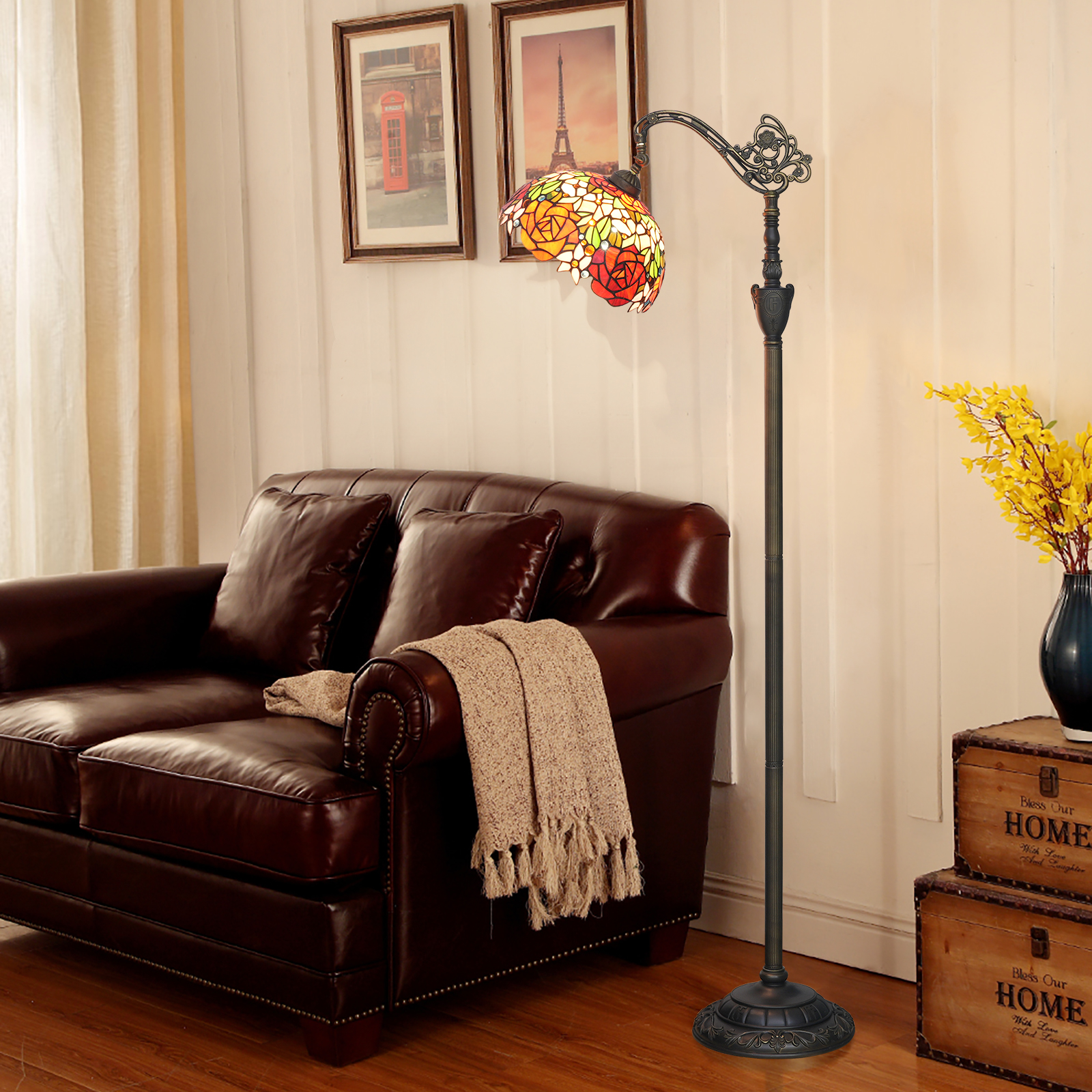 Blivuself Tiffany Floor lamp Romantic Venetian Style 12-Inch Red And Orange Two-Color Rose Hand-Colored Glass Lamp Shade, Classical Art Style Adjustable Indoor Lighting Eye Protection Reading Lamp, Suitable For Study Bedroom Dining Room Office, 12-Inch Gorgeous Rose-Of Downward Floor Lamp Ofx020