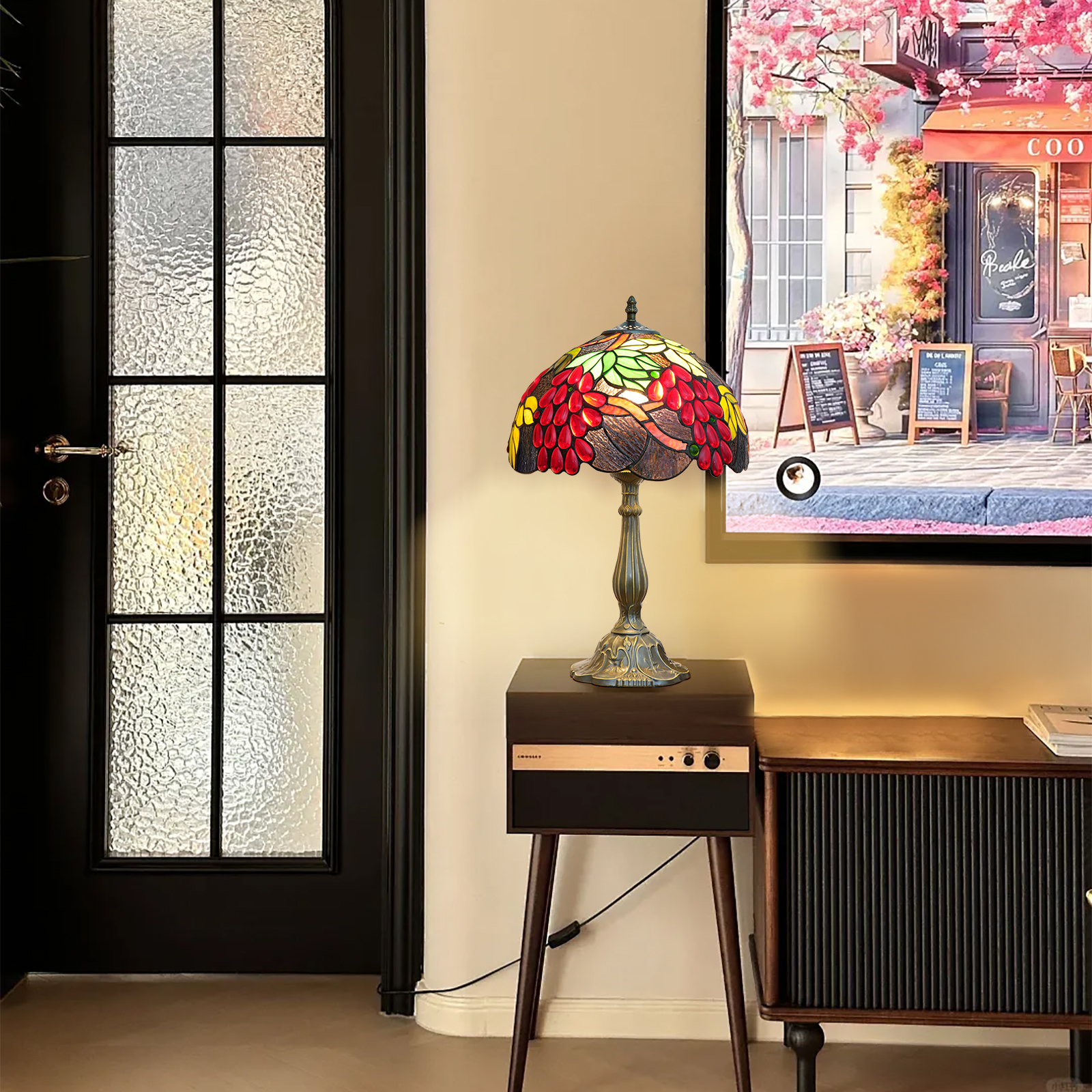 Blivuself Tiffany Stained Glass Table Lamp, Medieval Retro Style Red Grape 12-Inch Bedside Lamp, Suitable For Home Decoration Art In Bedrooms, Studies, Cafes, Etc. (OFT1276, Harvest Grape)