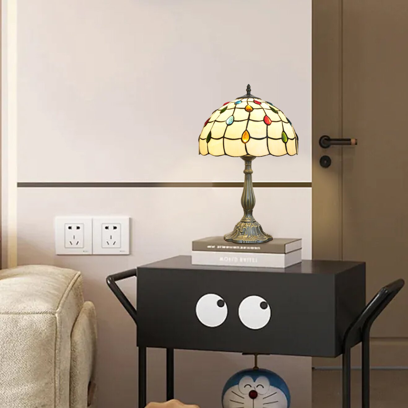 Blivuself Tiffany Stained Glass Table Lamp, Medieval Retro Style Multi-Colored Beads 12 Inch Bedside Lamp, Suitable For Bedroom Study Cafe And Other Home Decoration Art (OFT1277)