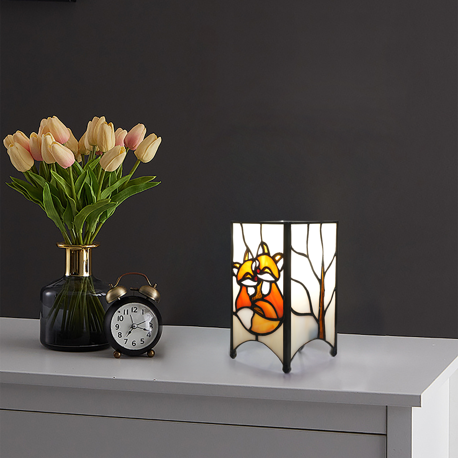 Blivuself Classic Tiffany Craftsmanship! The Small Fox Square Night Light Infuses The Space With Gentle And Warm Light. The Handcrafted Stained Glass Lampshade Is Suitable For Bedroom, Dormitory, Desk And Home Decoration Art（OFU1230）