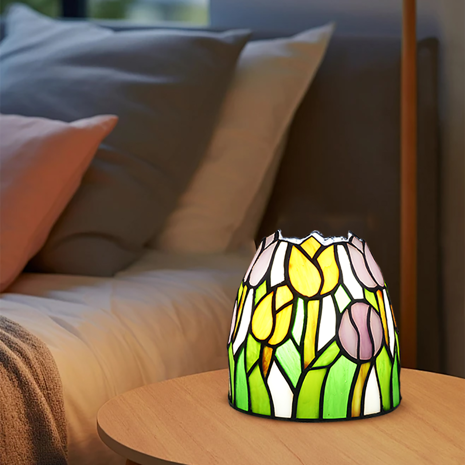 Blivuself Tiffany Style Tulip Night Light: Blending The Blooming Flowers Of Spring Into The Tenderness Of The Long Night, Handcrafted Stained Glass Lampshade, Suitable For Bedroom, Dormitory, Desk And Home Decoration Art（OFU1231）