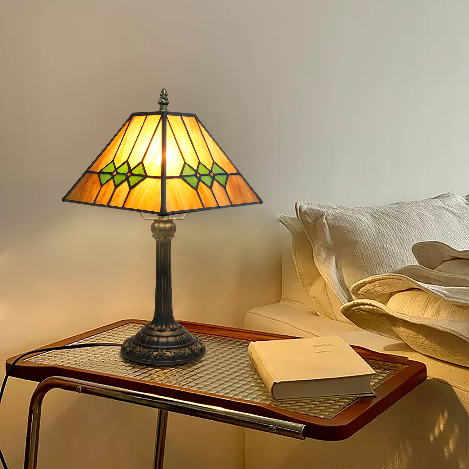 Blivuself Tiffany Tulip Stained Glass Table Lamp, 20cm Retro Green And Yellow Square Bedside Lamp, Handcrafted Colored Glass Lampshade, Suitable For Bedroom, Dormitory, Living Room And Home Decoration Art (OFU1233)