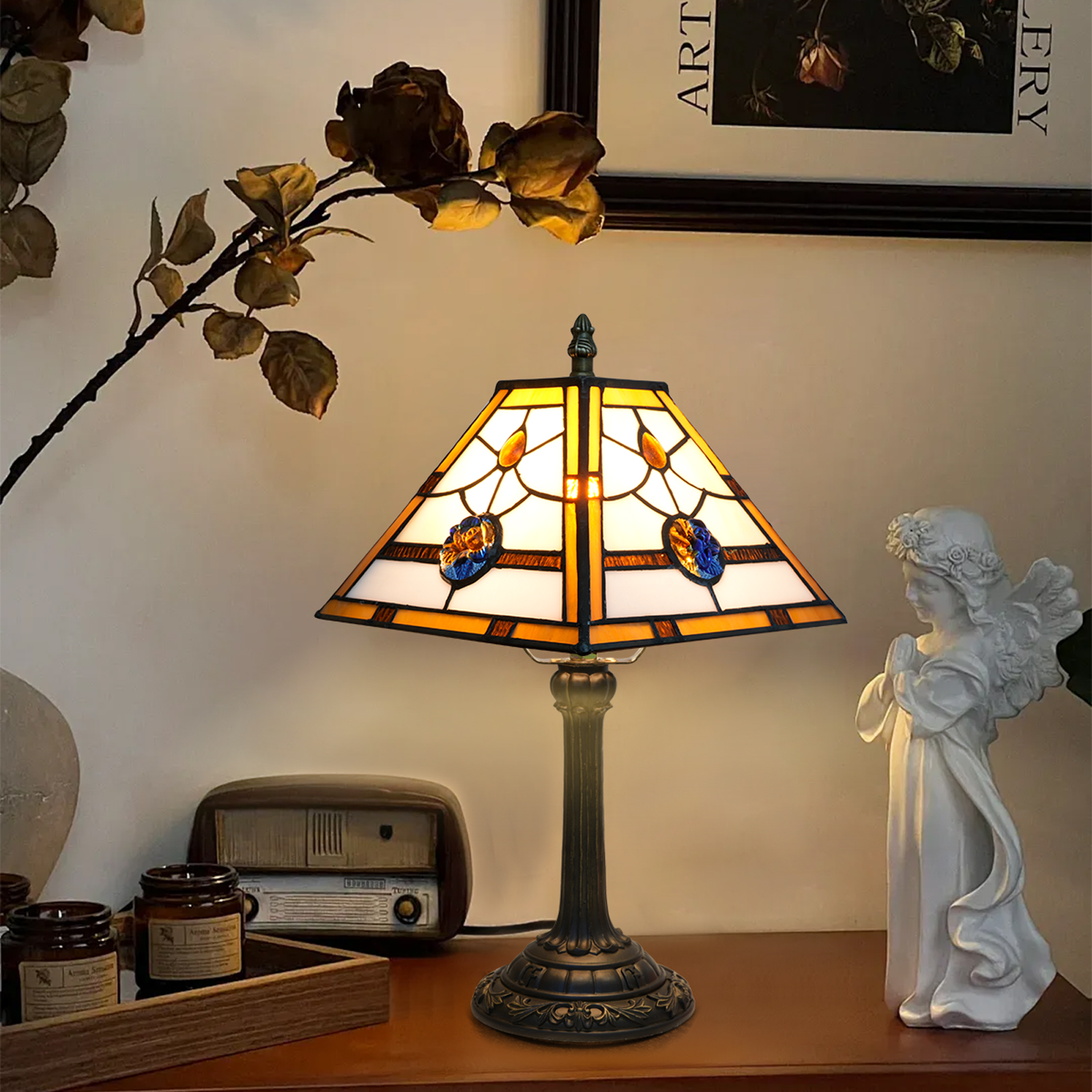 Blivuself Tiffany Stained Glass Red Blue Rose Square Table Lamp, 20cm Vintage Handmade Glass Lampshade, Suitable For Home Decoration Art Such As Bedroom Office Desk (OFU1234)